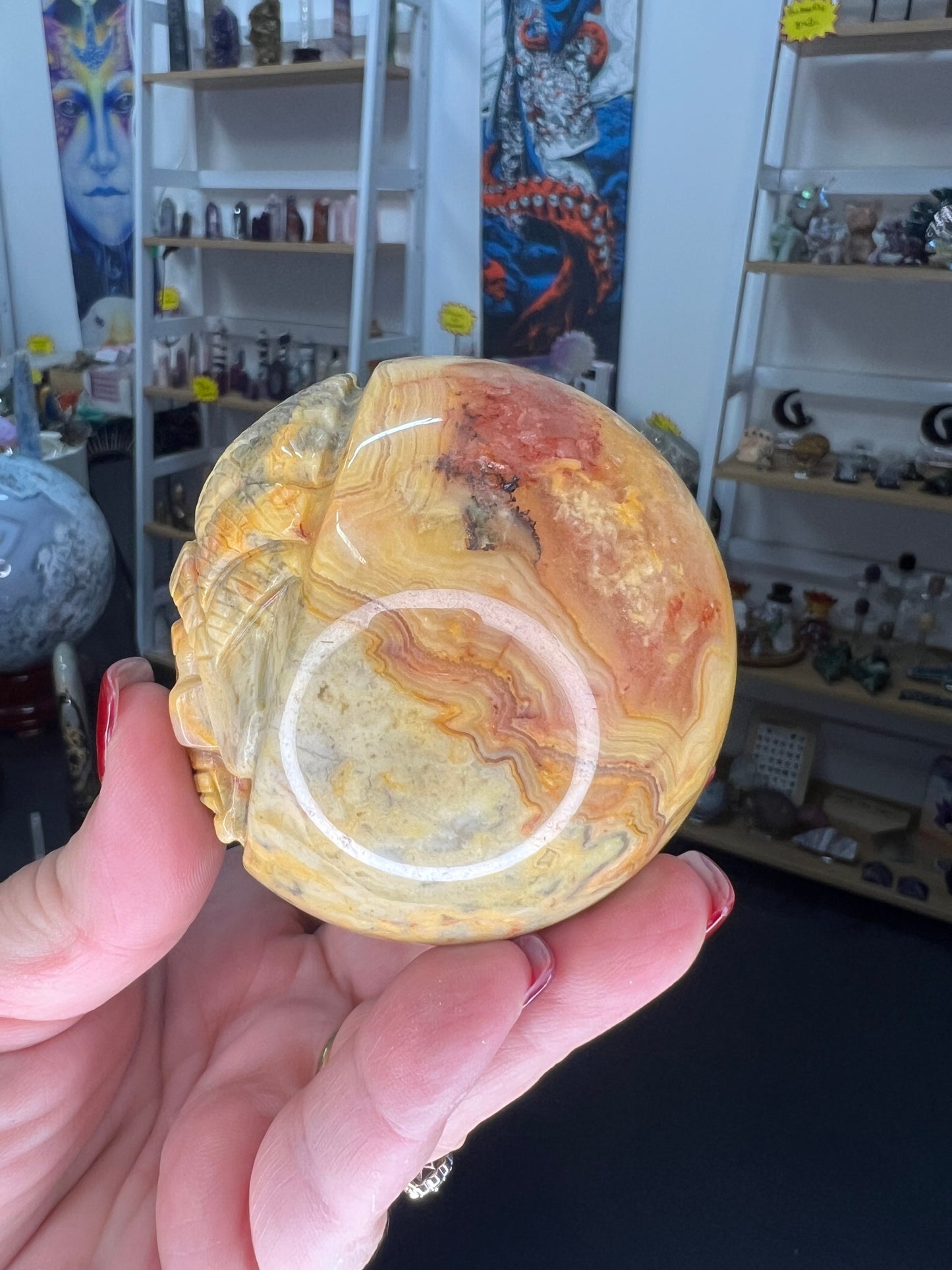 Crazy Lace Agate Indian Carved Sphere on Stand