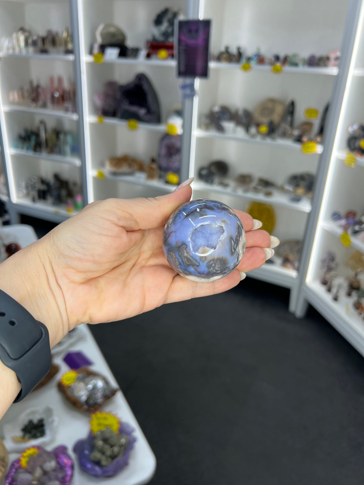 Blue Flower Agate Sphere on Stand
