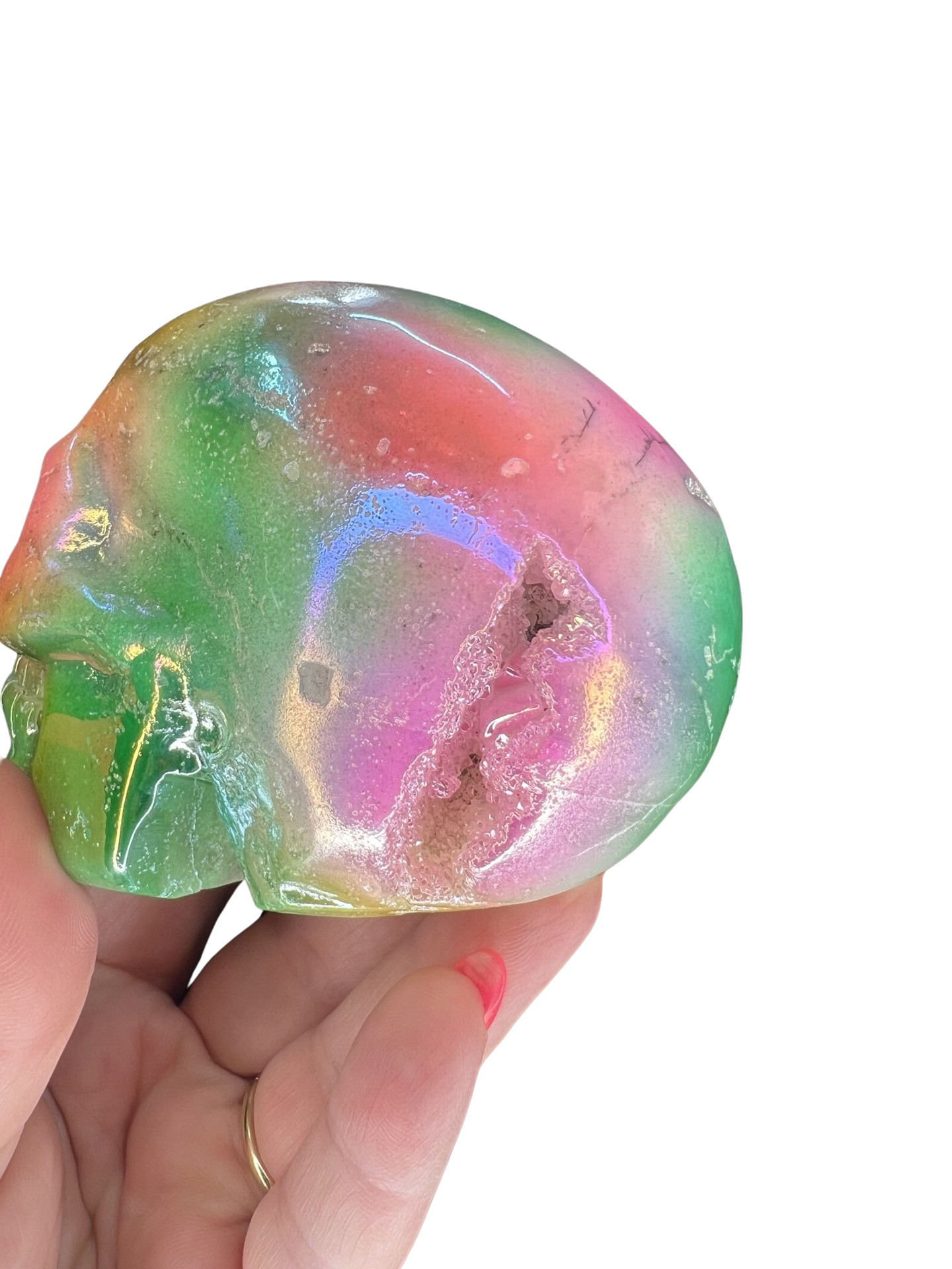 Druzy Aura White Agate Skull Carving