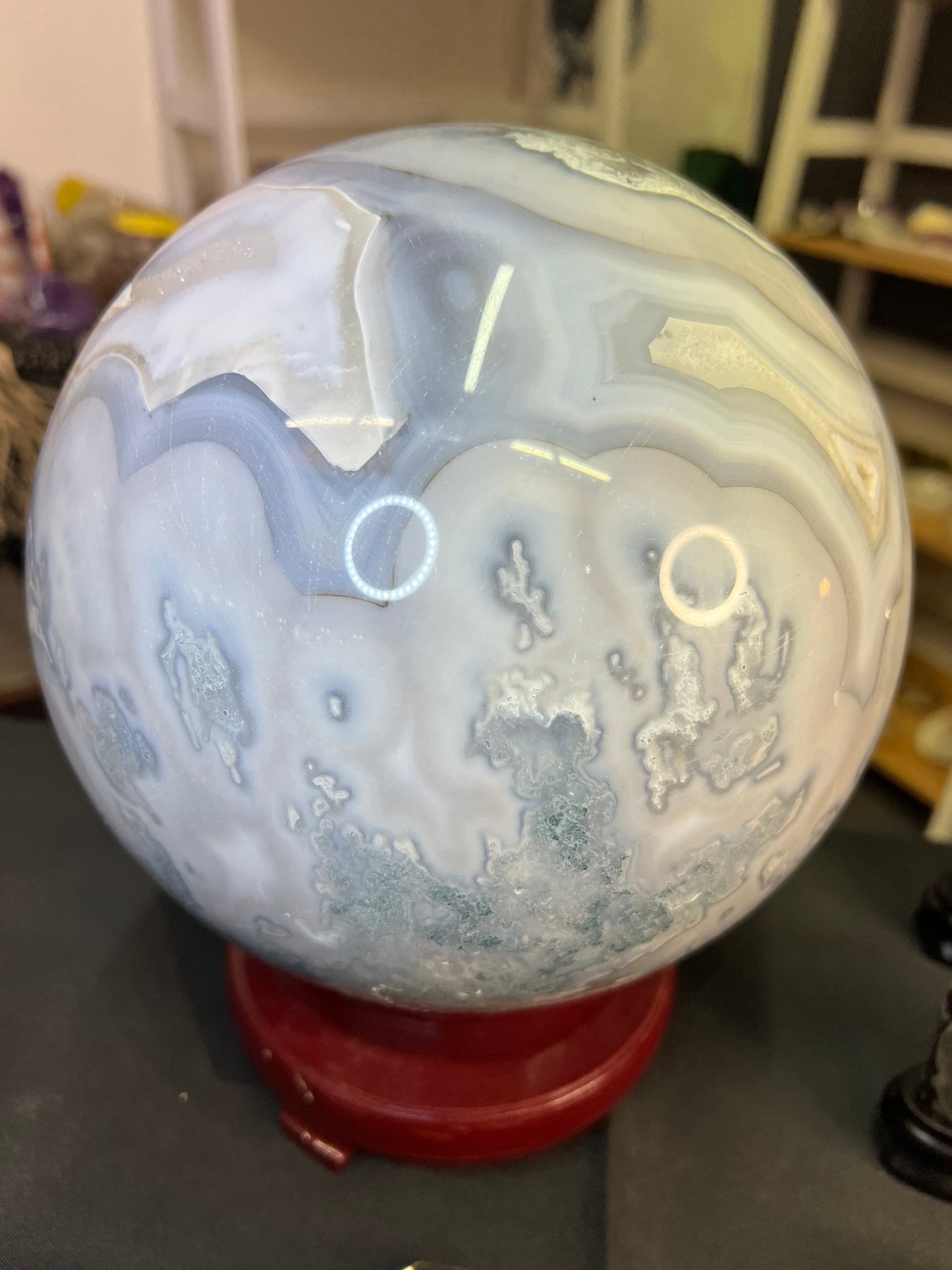 Huge Blue Moss Agate Sphere with Rotating Stand