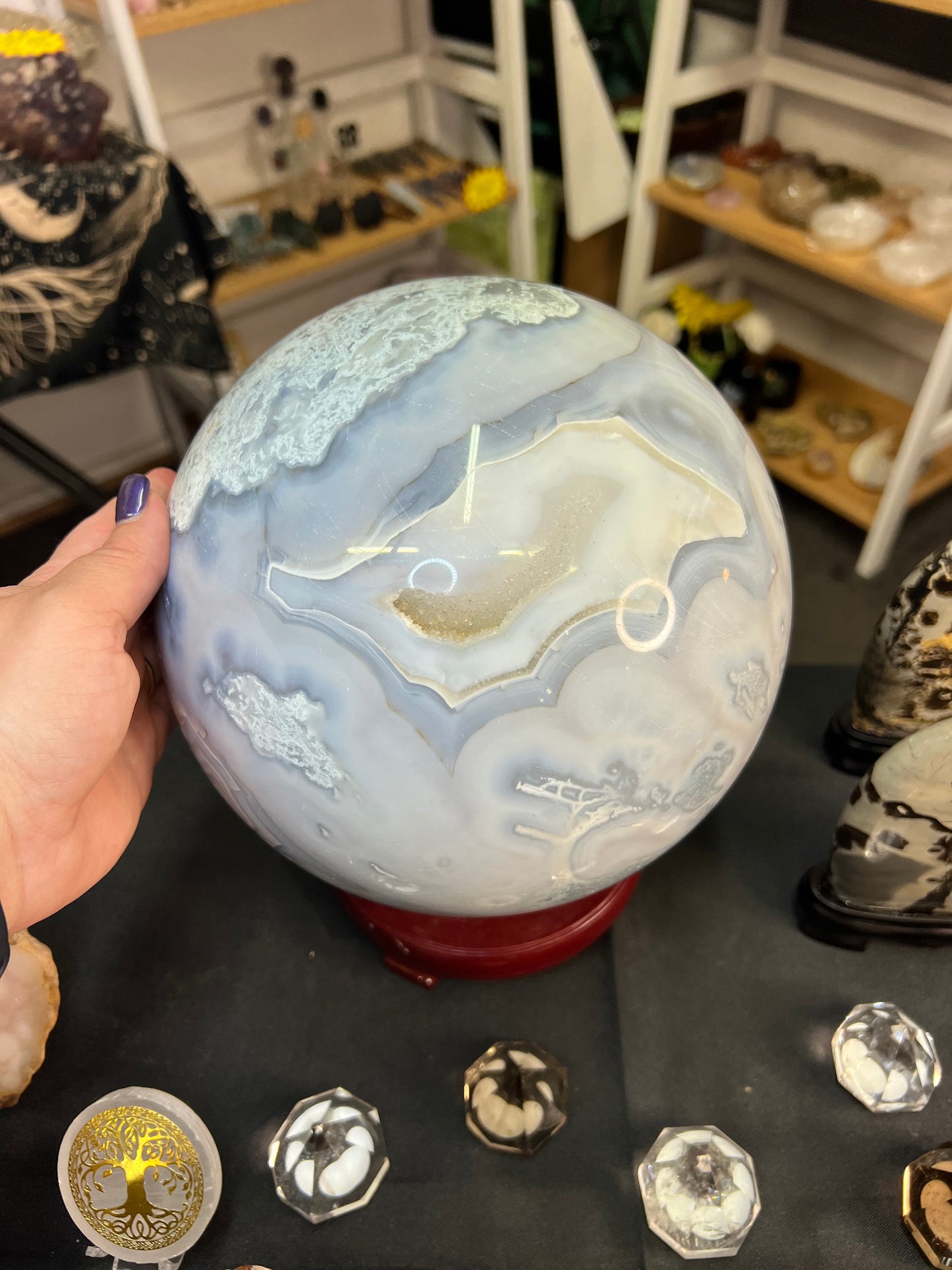 Huge Blue Moss Agate Sphere with Rotating Stand