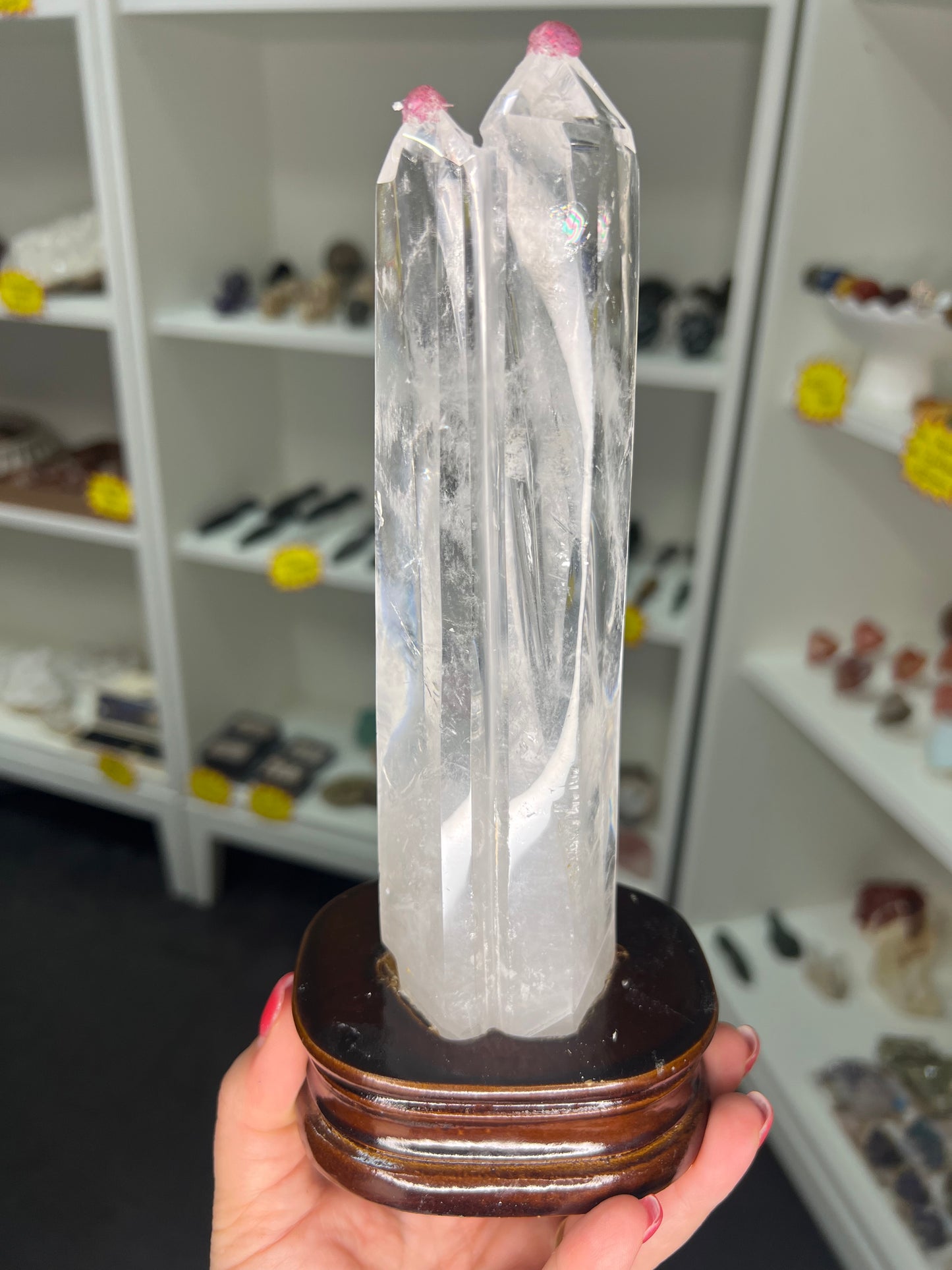 Clear Quartz Double Point Tower on Stand