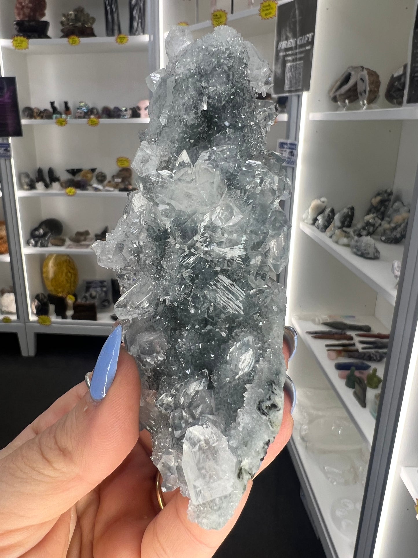 Apophyllite on Blue Chalcedony