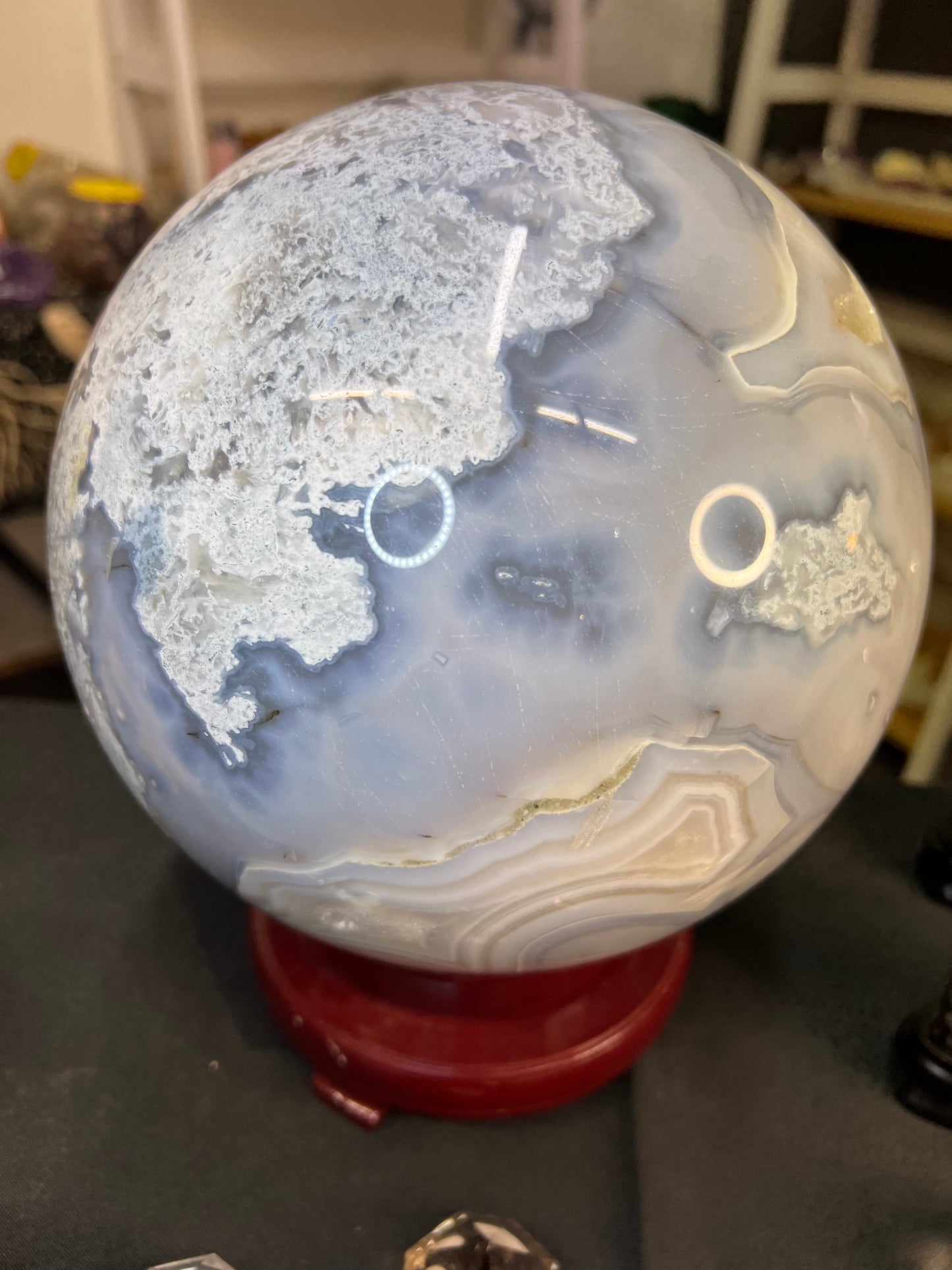 Huge Blue Moss Agate Sphere with Rotating Stand