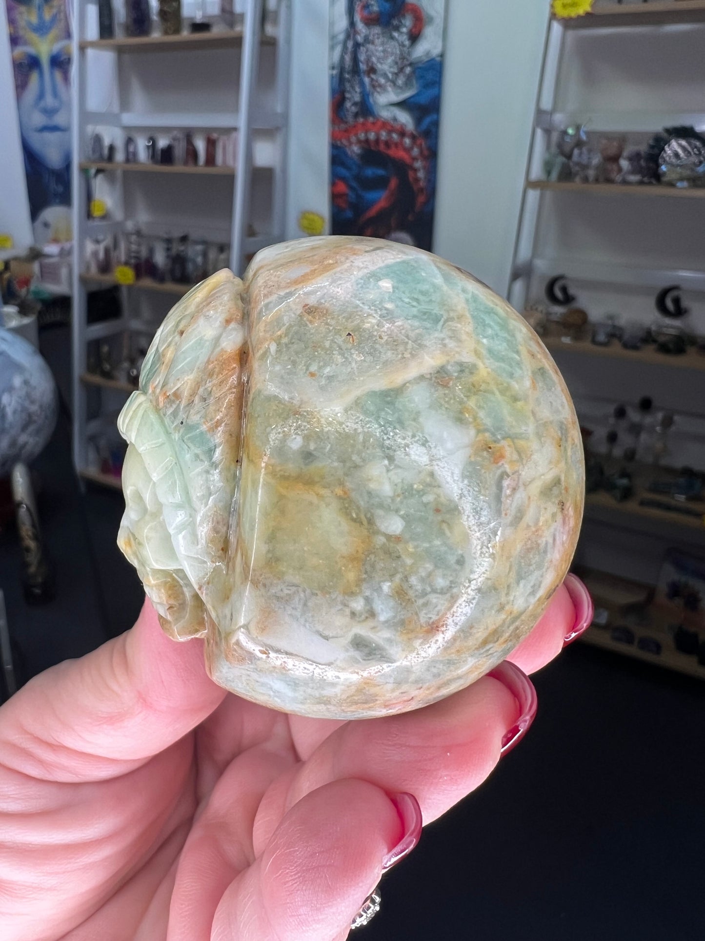 Variscite Indian Carved Sphere on Stand