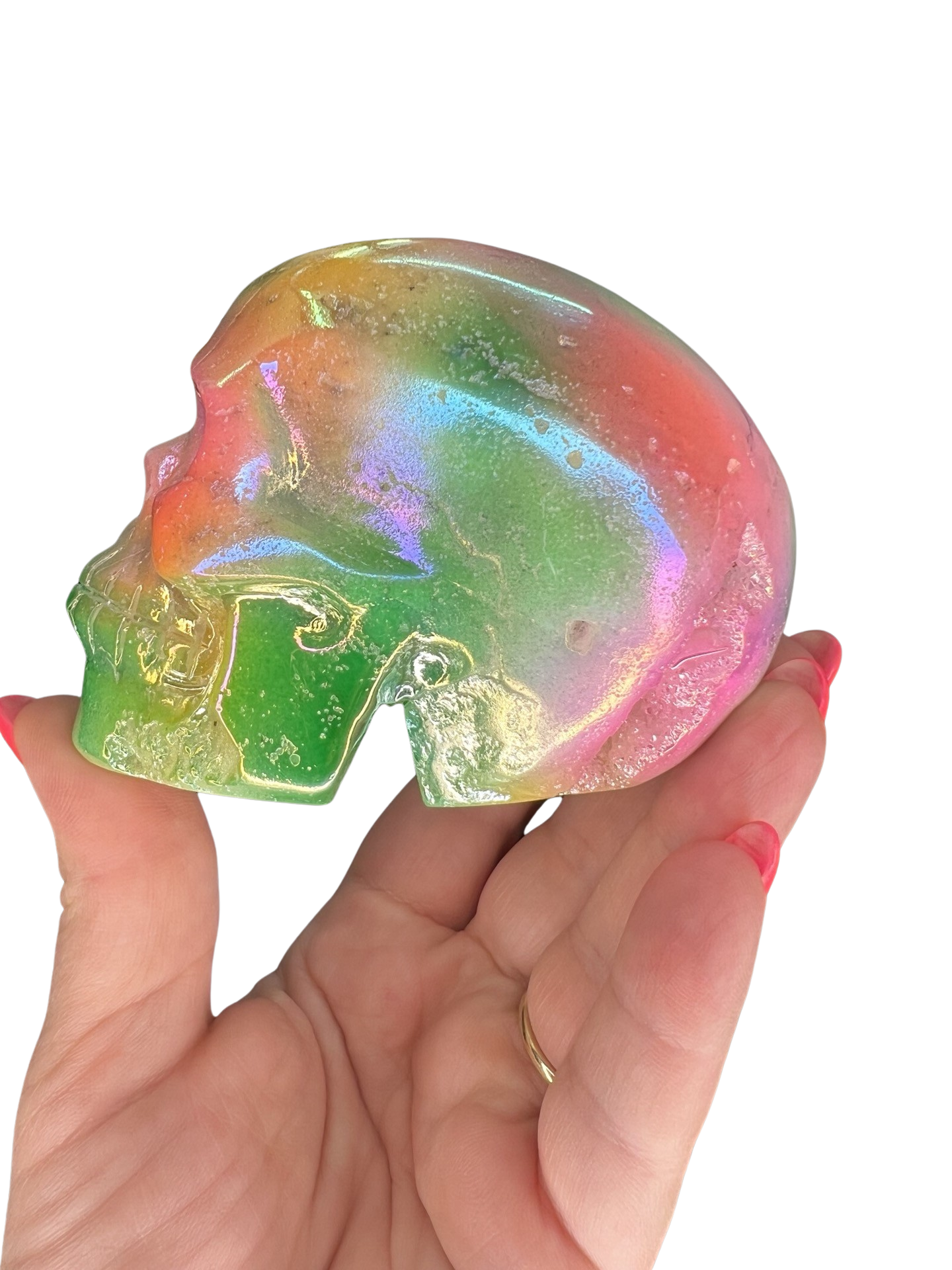 Druzy Aura White Agate Skull Carving