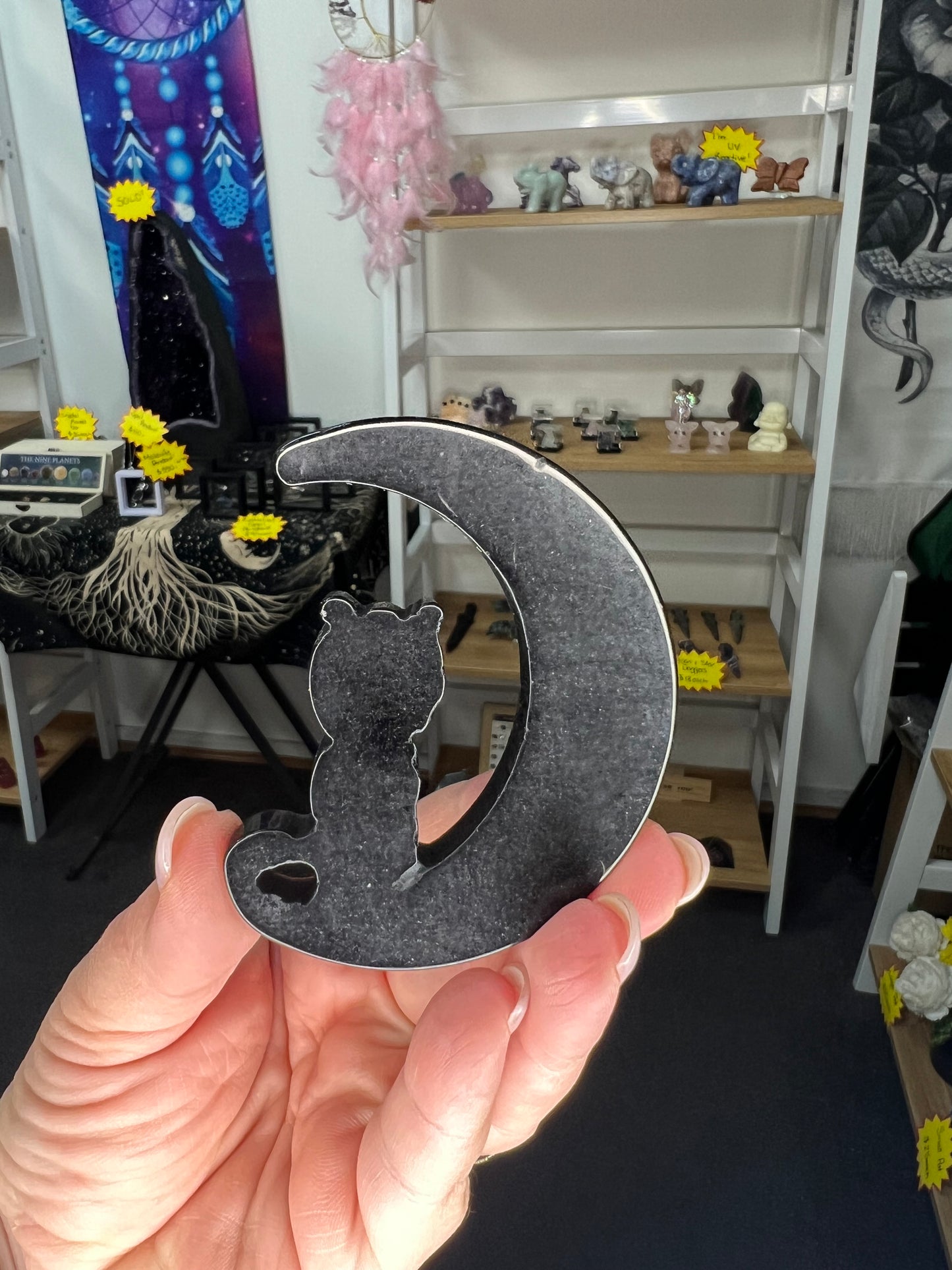 Black Obsidian Cat on Moon with Stand