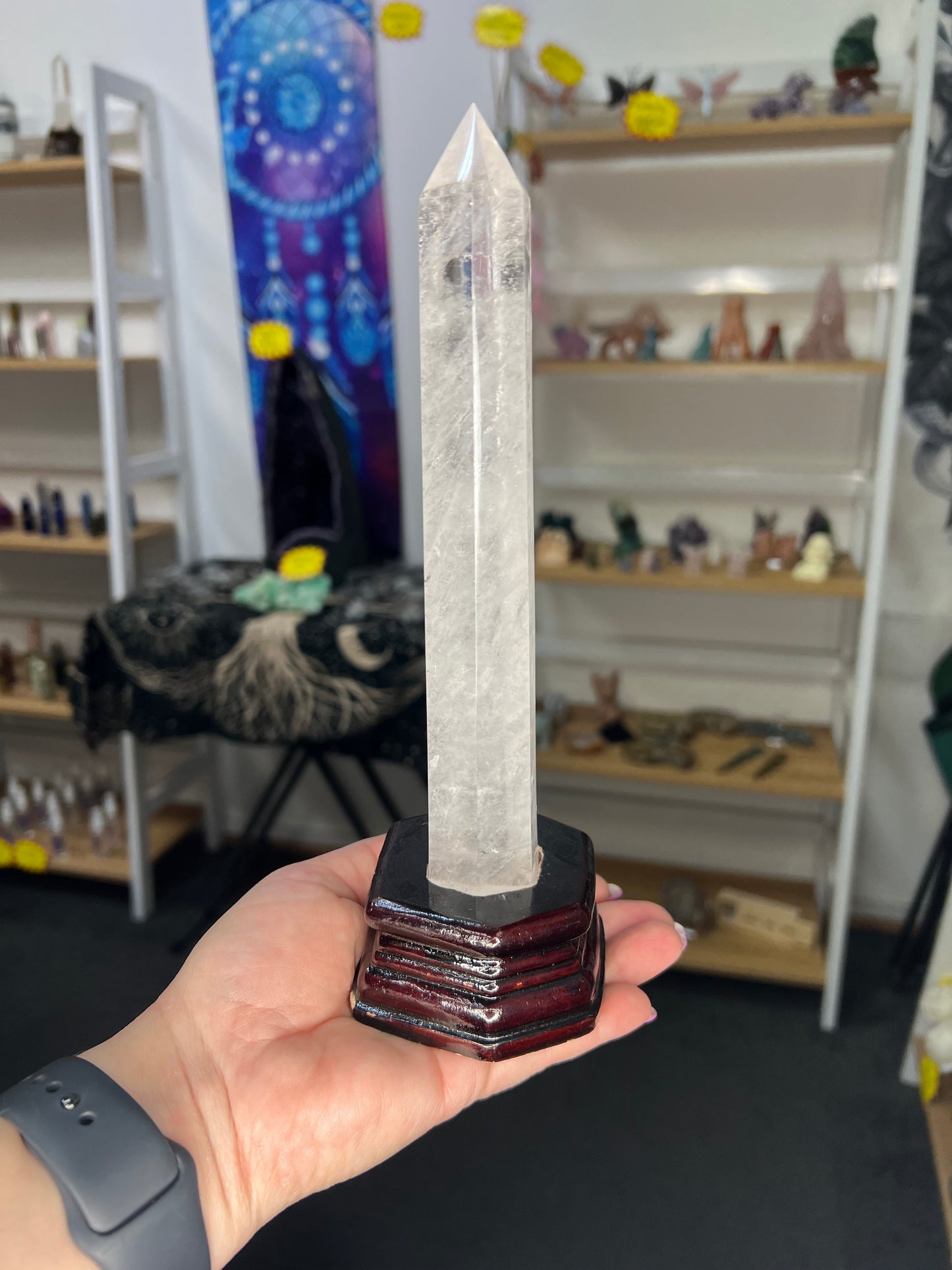 Clear Quartz Tower with Wooden Stand