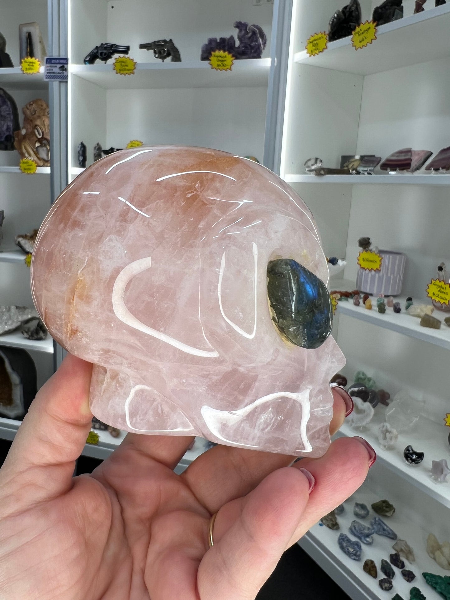 Rose Quartz Alien Head with Labradorite Eyes