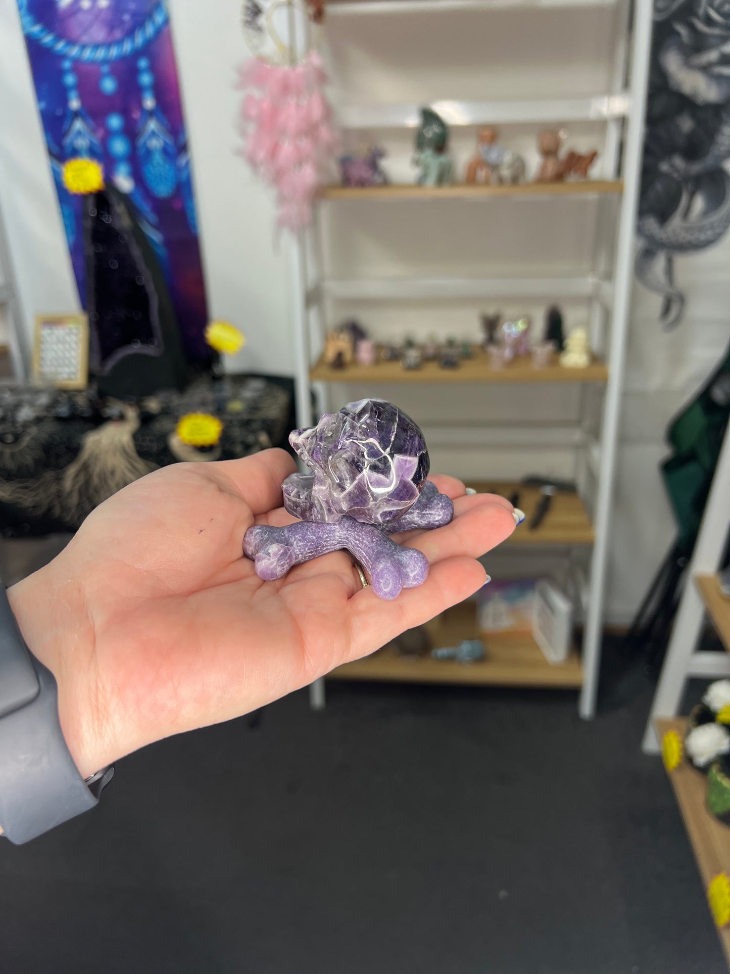 Chevron / Dream Amethyst Skull with Lepidolite Base Set
