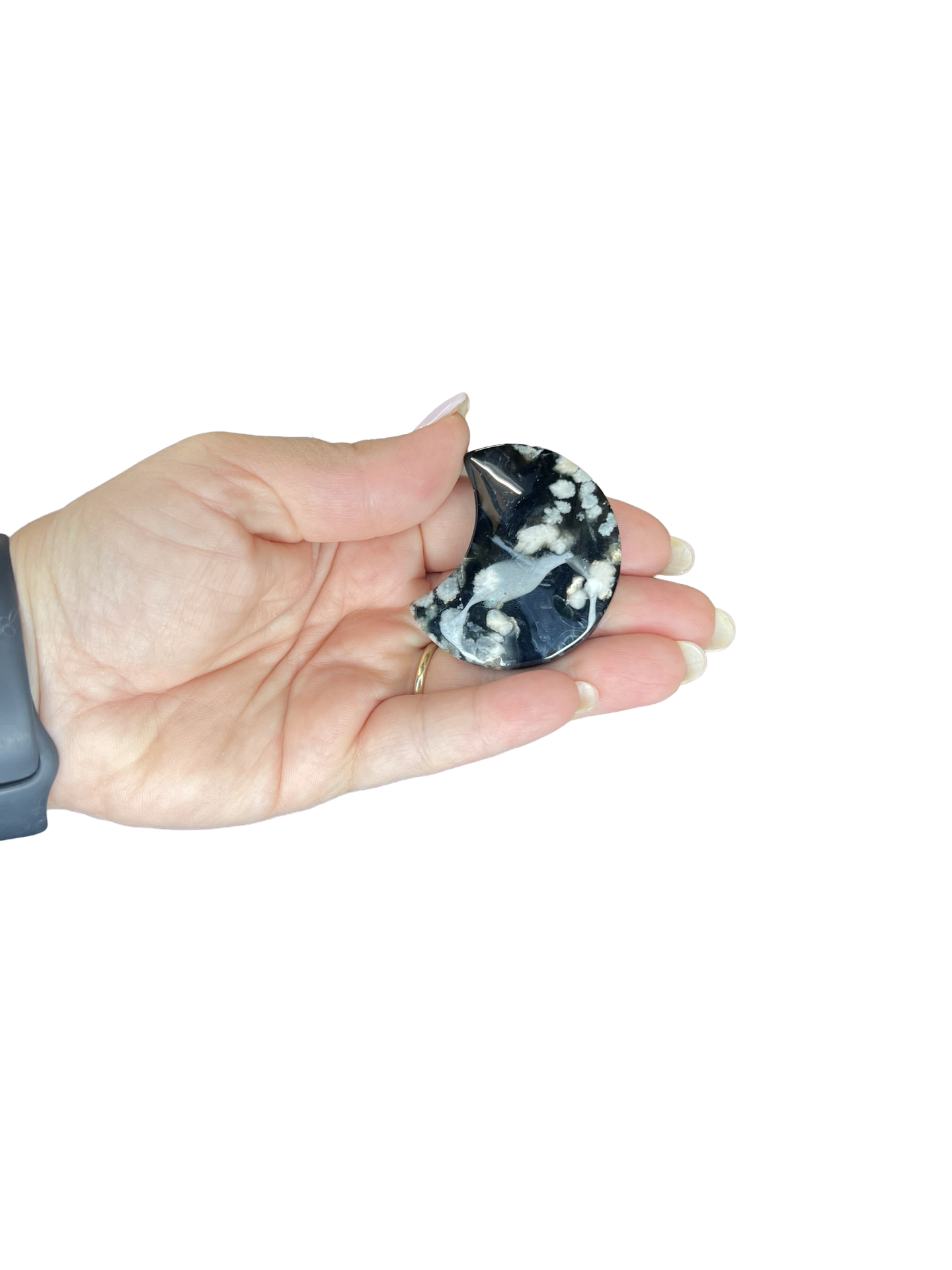 Black Flower Agate Moon Carving