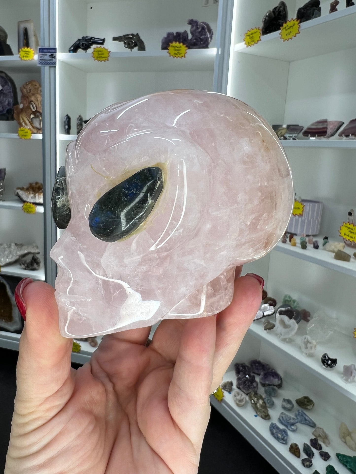 Rose Quartz Alien Head with Labradorite Eyes