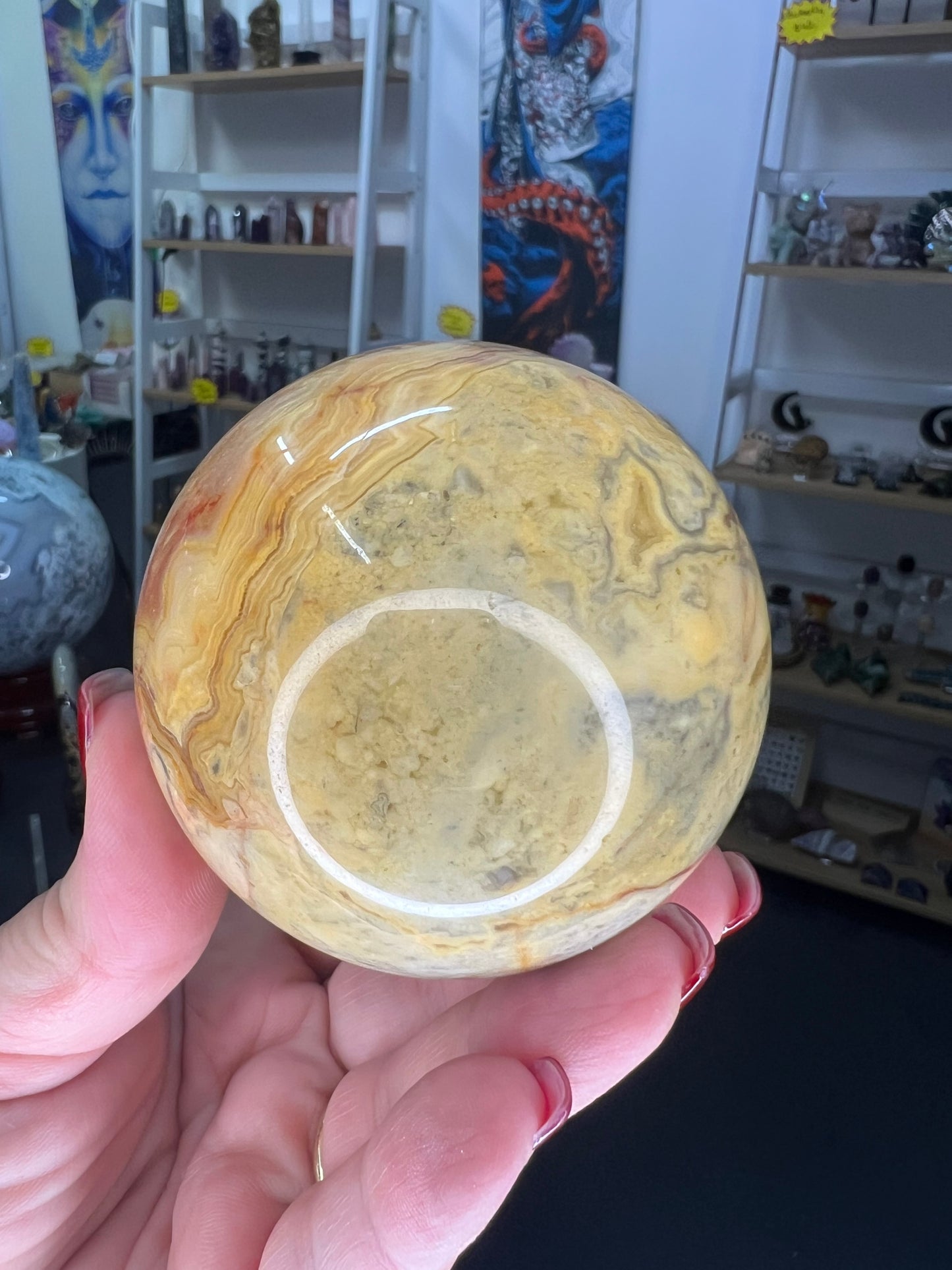 Crazy Lace Agate Indian Carved Sphere on Stand