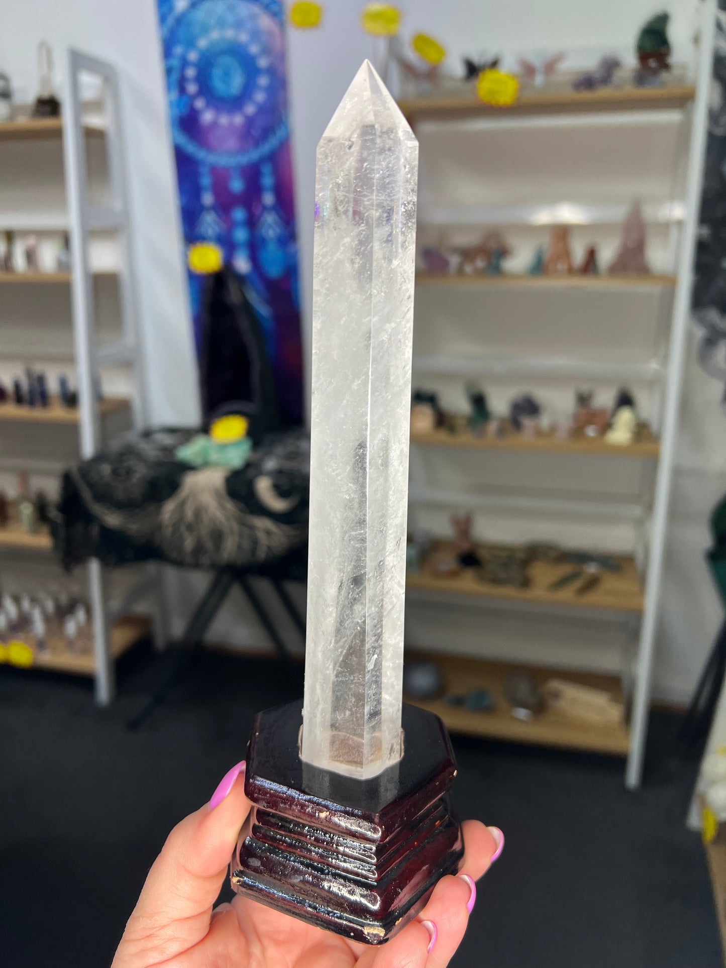 Clear Quartz Tower with Wooden Stand