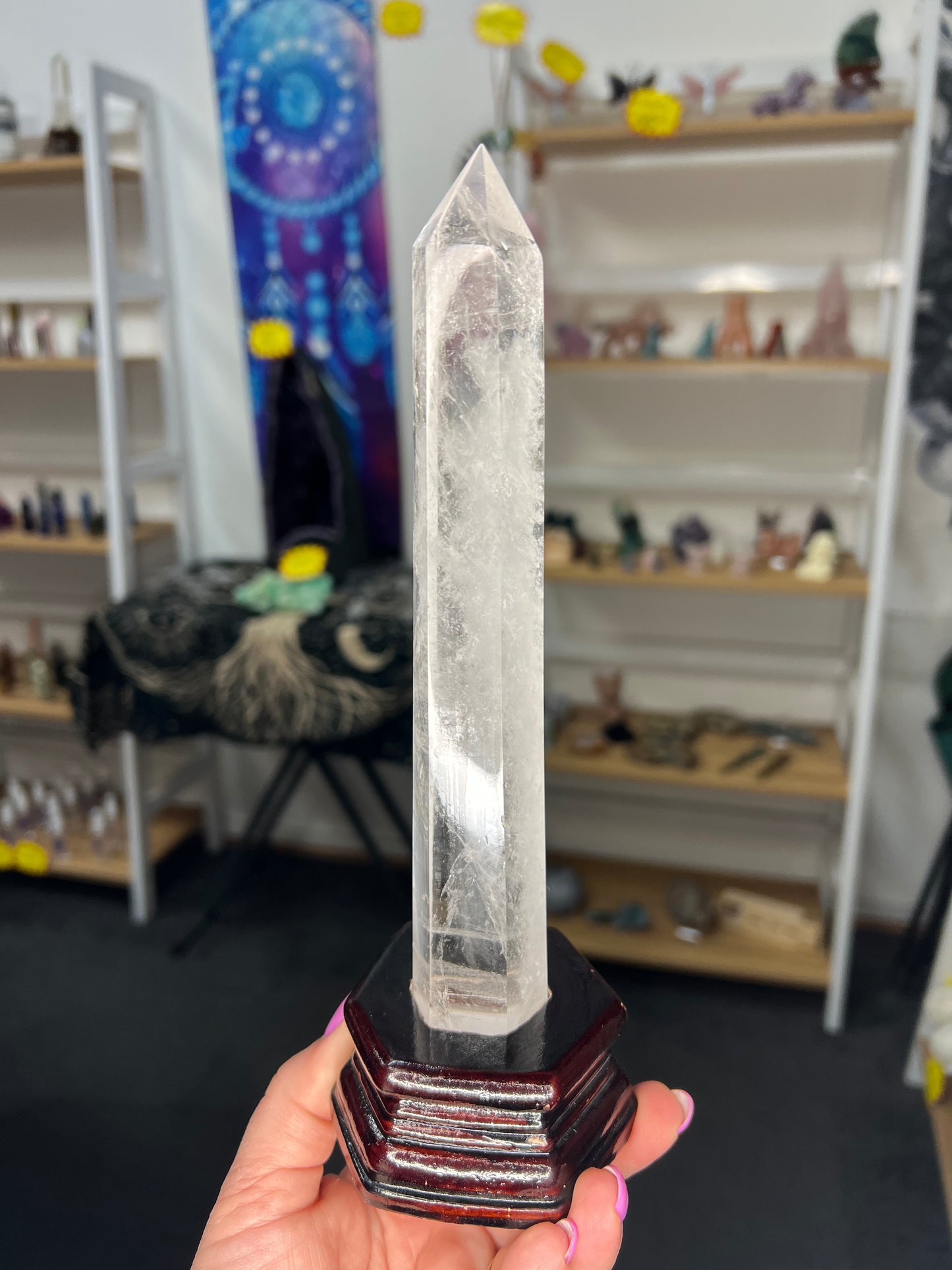 Clear Quartz Tower with Wooden Stand