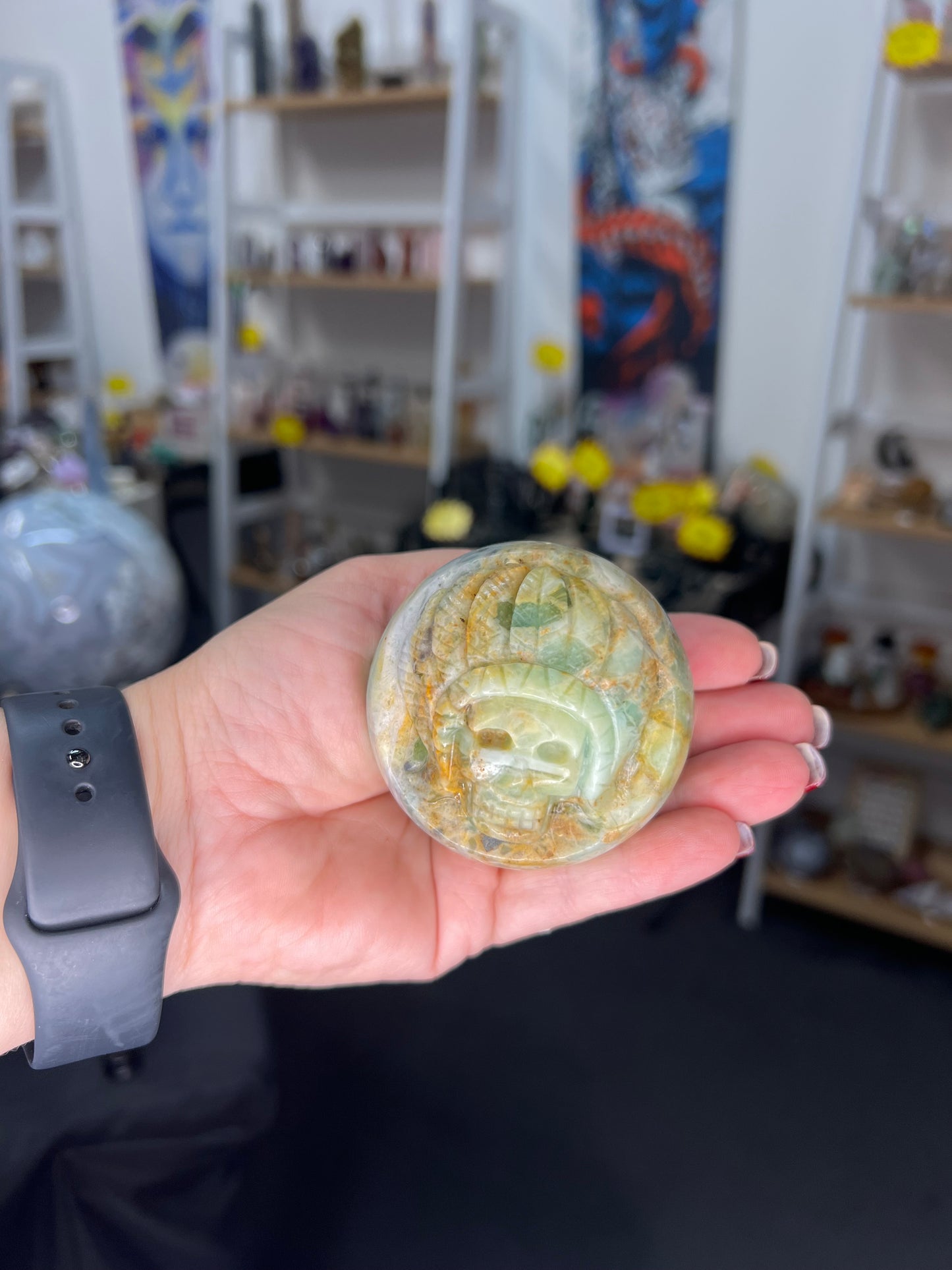 Variscite Indian Carved Sphere on Stand