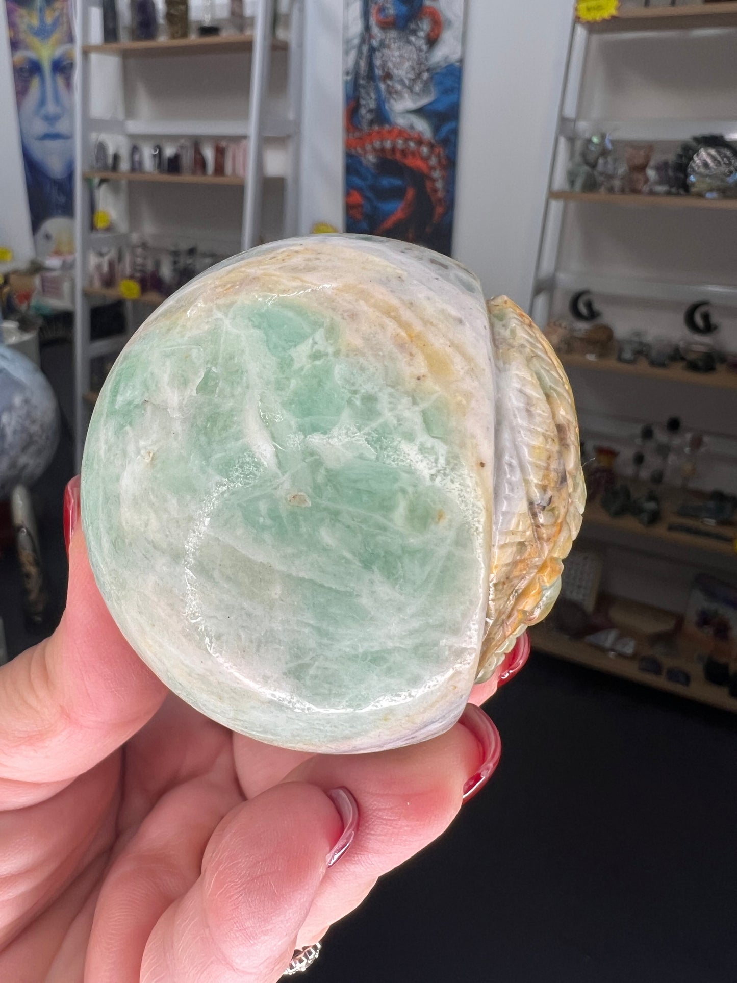 Variscite Indian Carved Sphere on Stand
