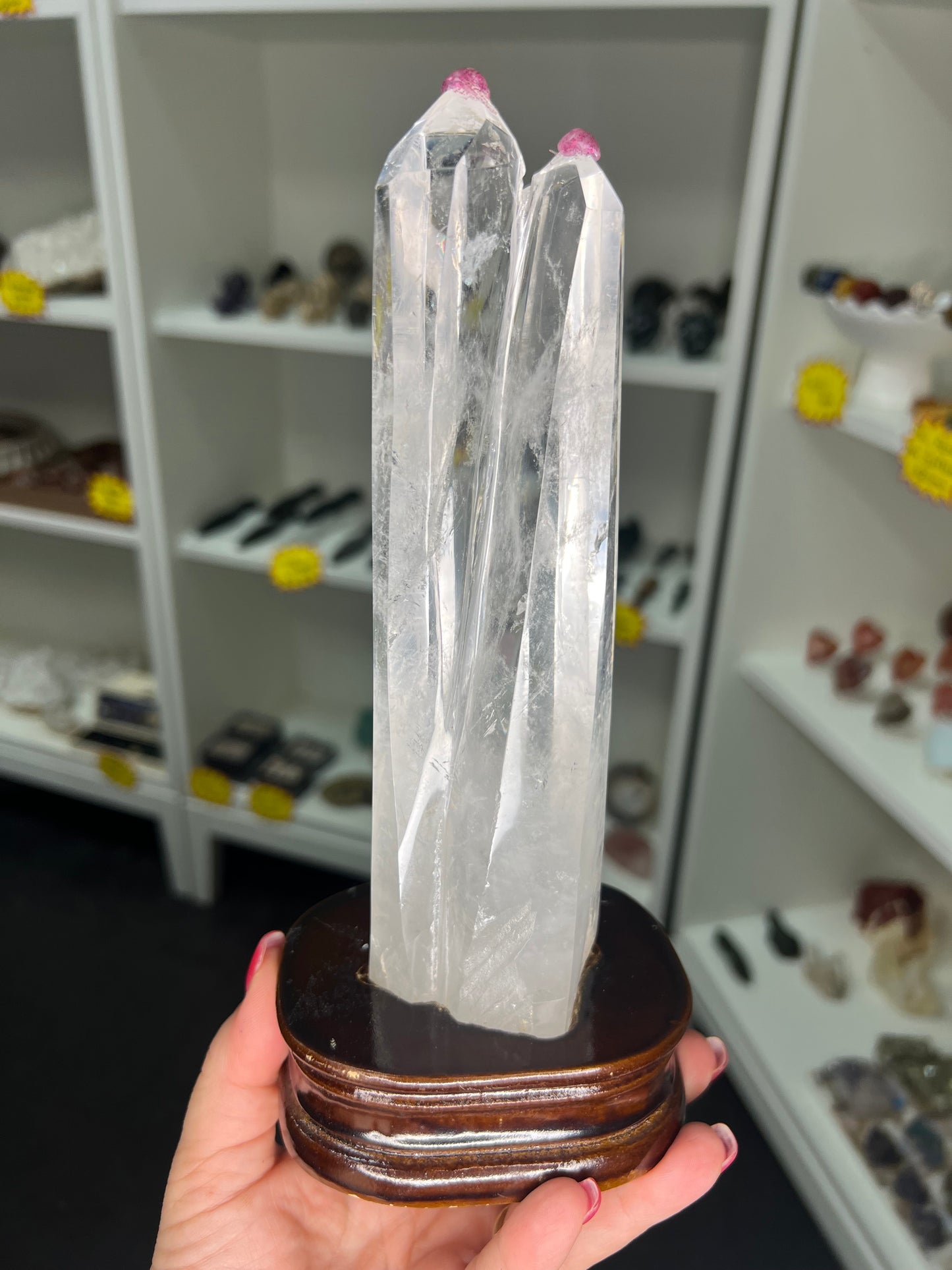 Clear Quartz Double Point Tower on Stand