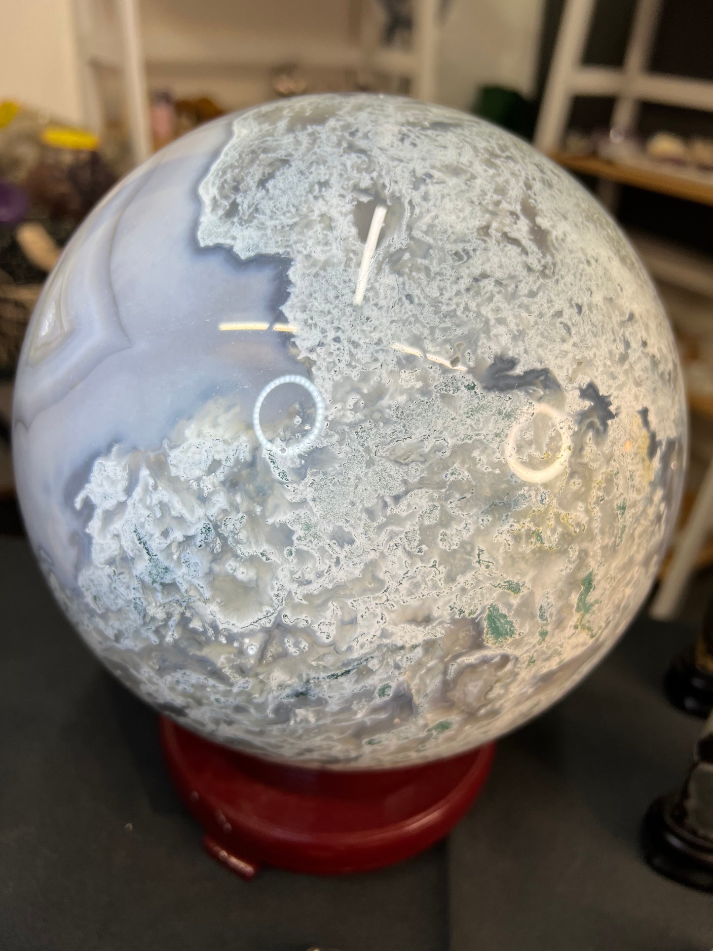 Huge Blue Moss Agate Sphere with Rotating Stand