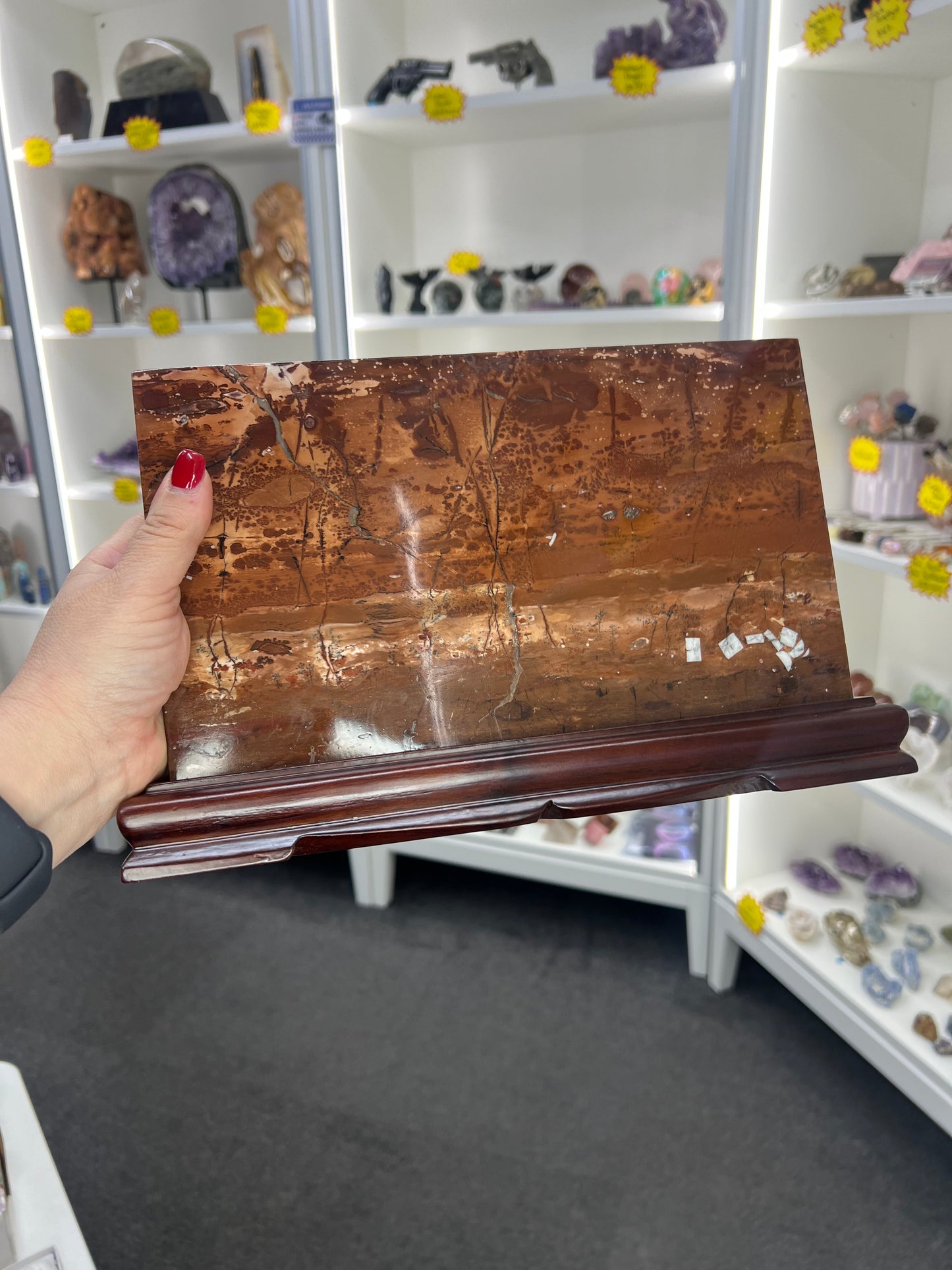 Picture Stone Jasper Slab on Wooden Stand
