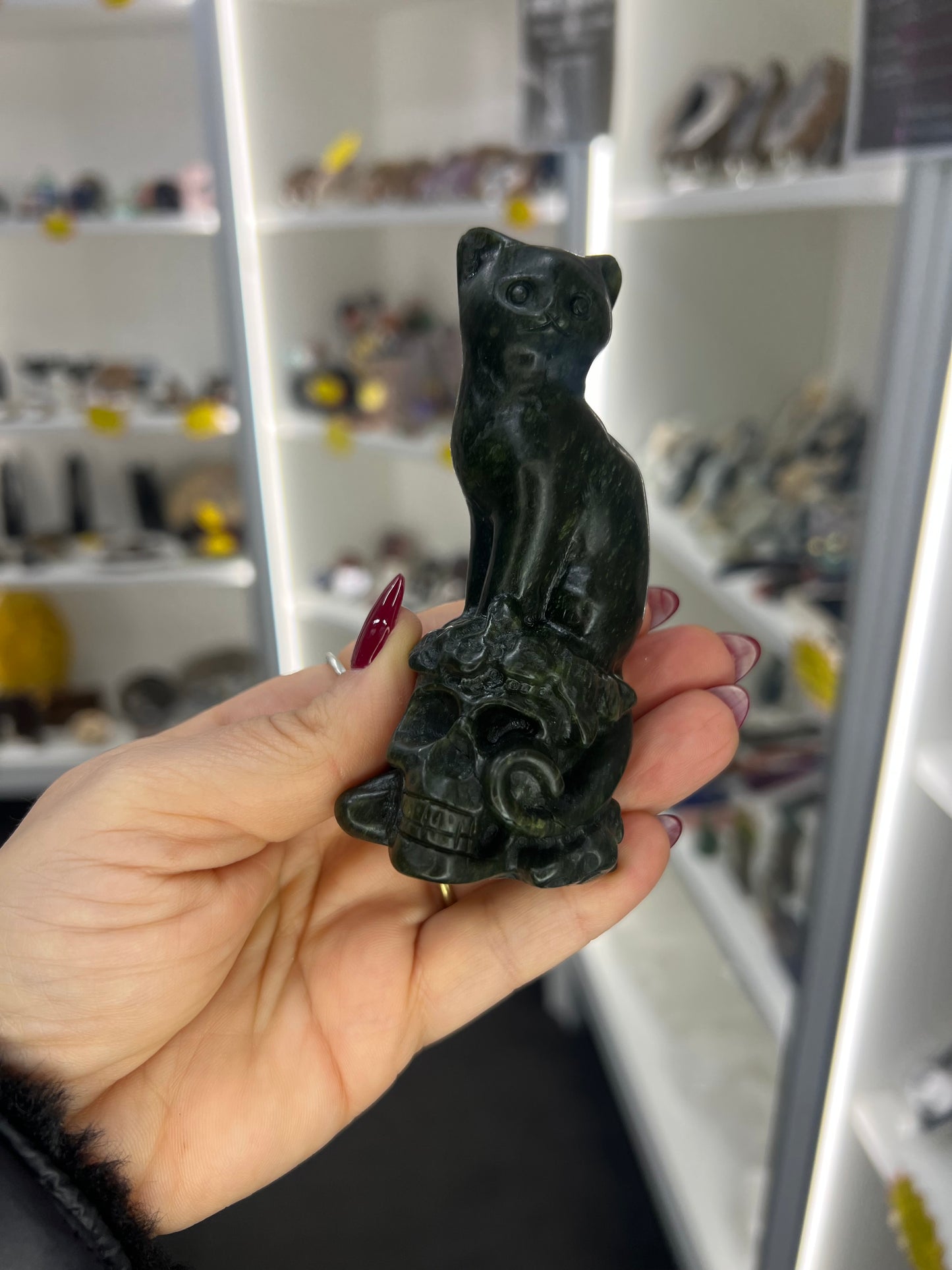 Green Jade Cat on Skull