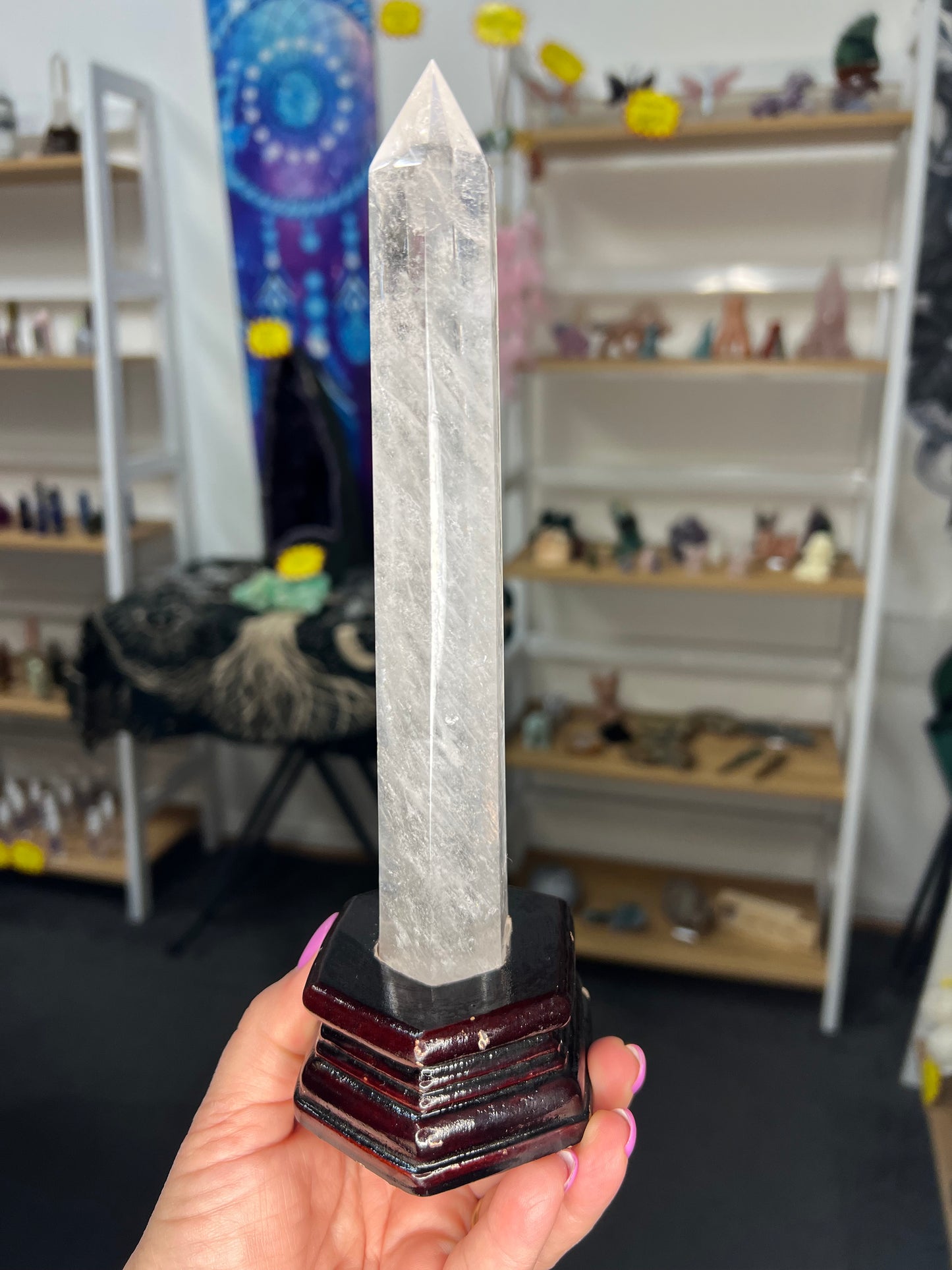 Clear Quartz Tower with Wooden Stand