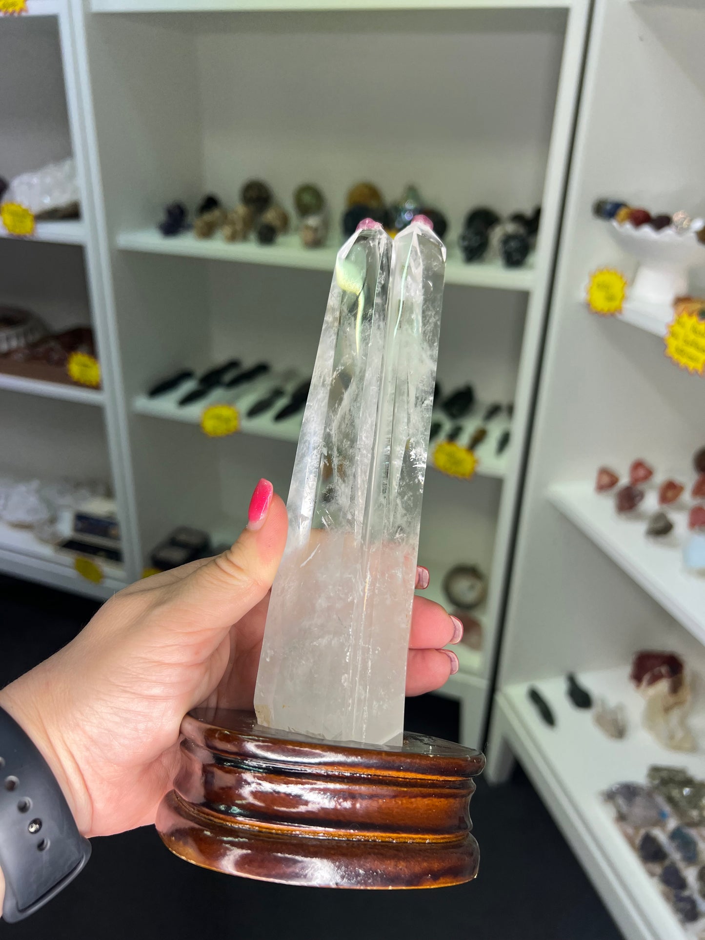 Clear Quartz Double Point Tower on Stand