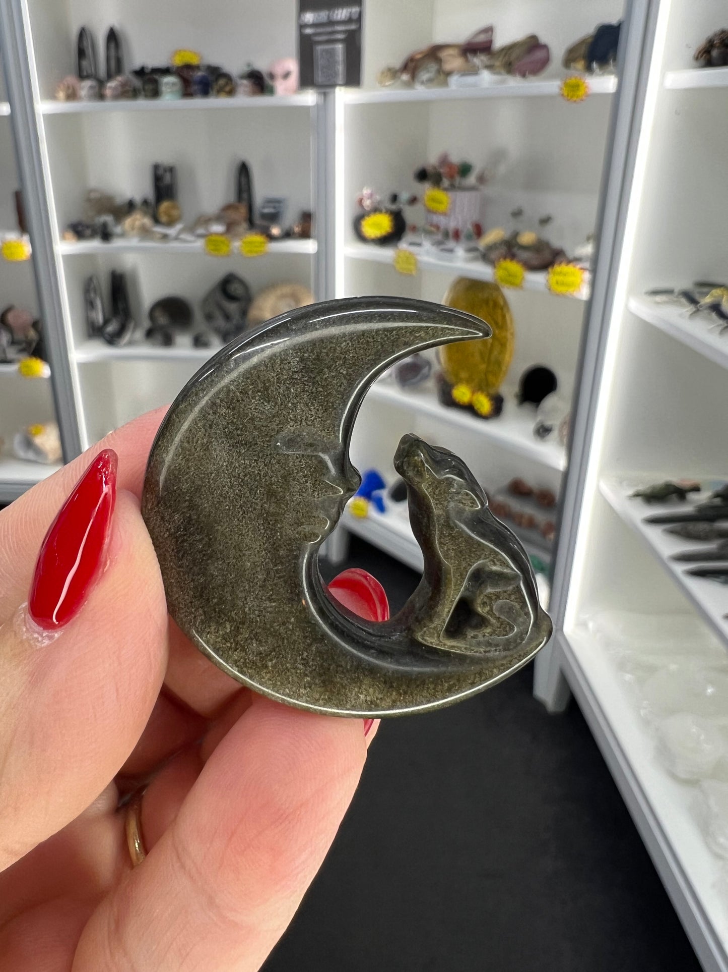 Golden Sheen Obsidian Wolf on Moon