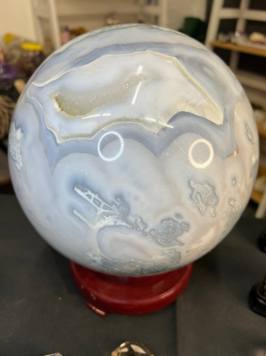 Huge Blue Moss Agate Sphere with Rotating Stand