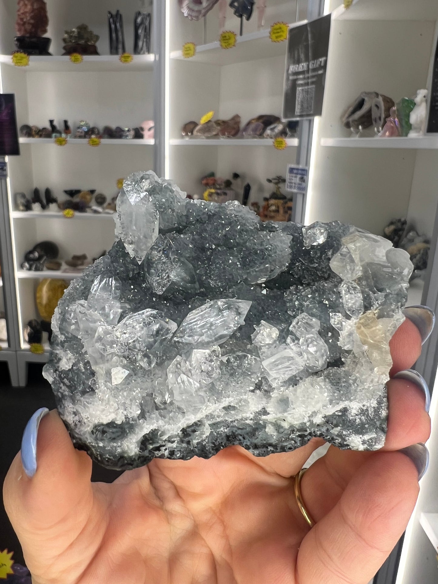 Apophyllite on Blue Chalcedony