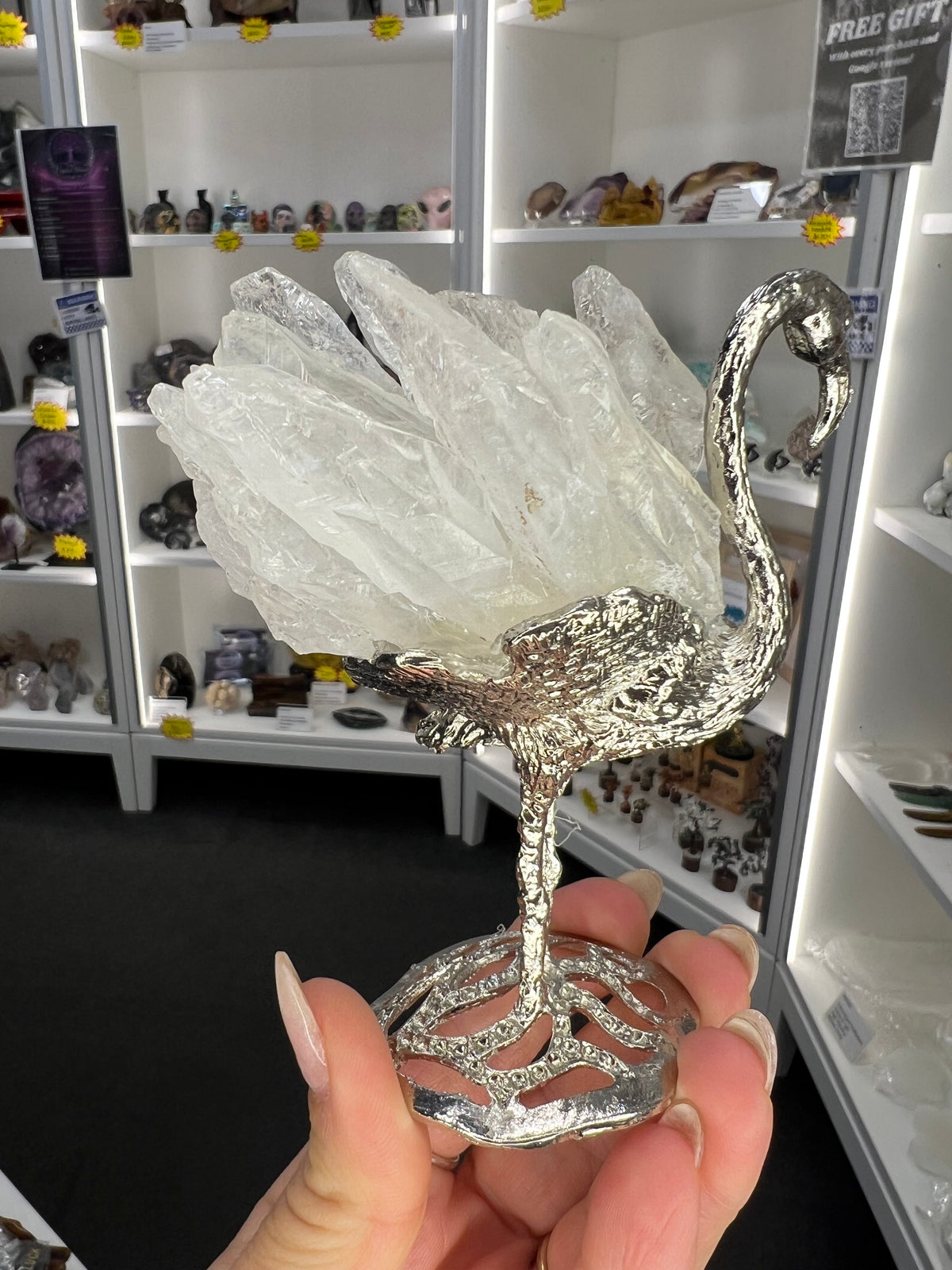 Clear Quartz Cluster on Silver Flamingo