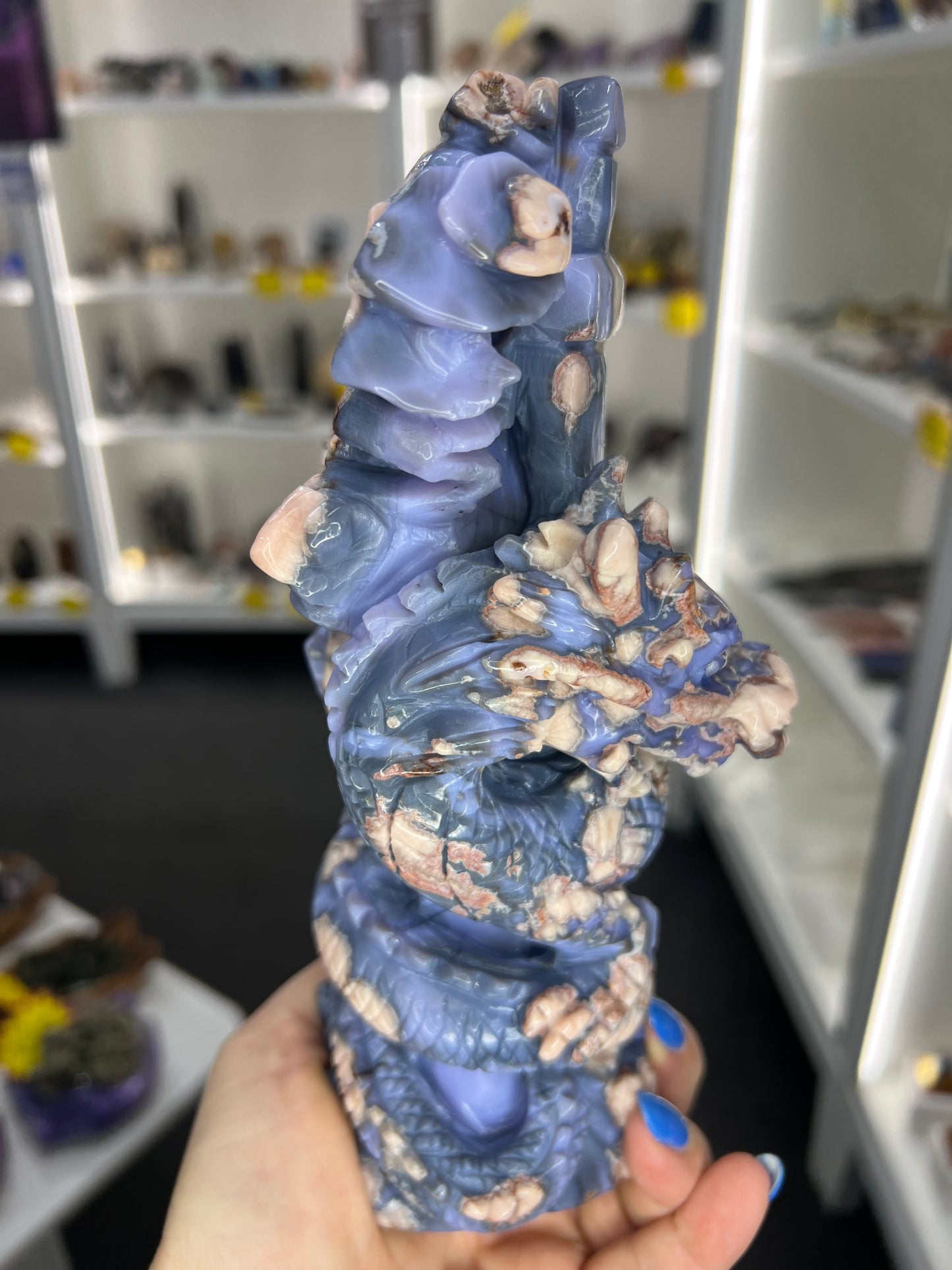 Blue Flower Agate Dragon on Sword