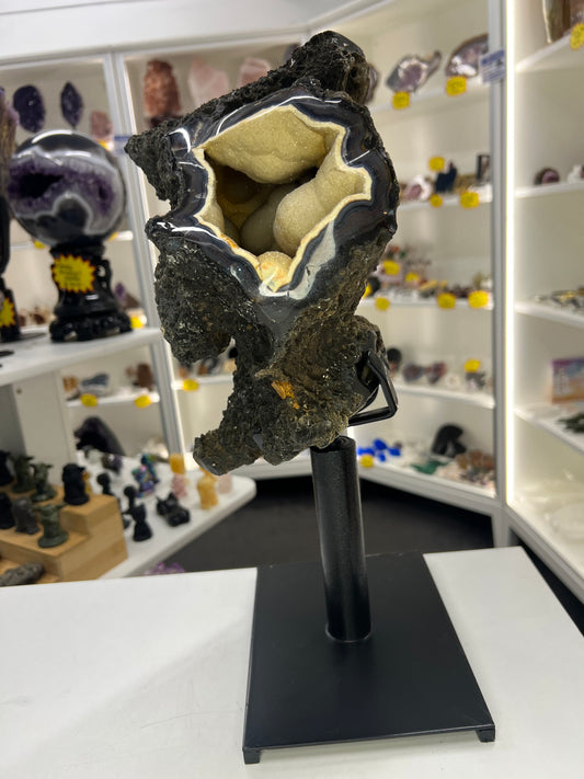 Super Rare Black Chalcedony on Metal Stand