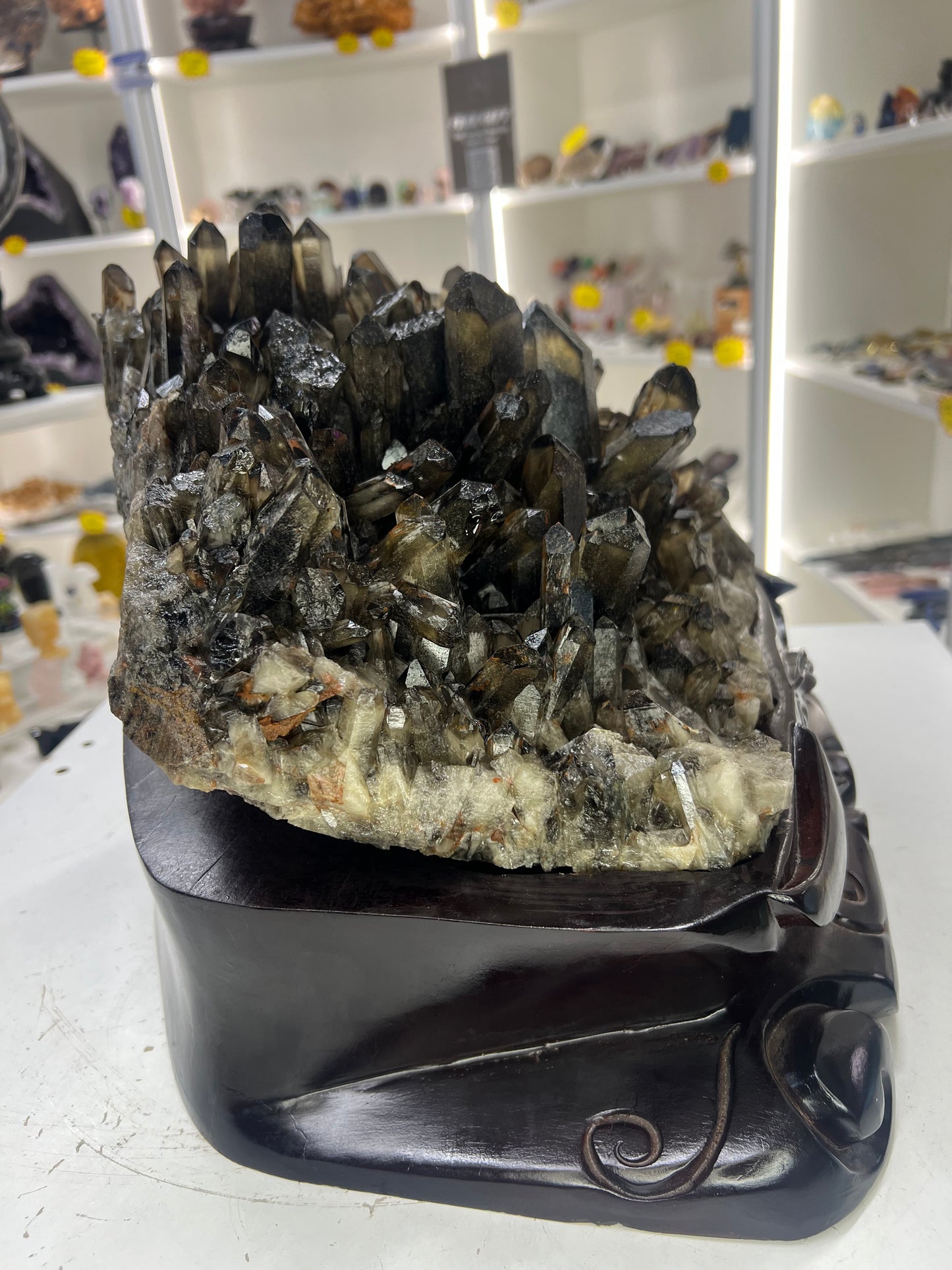 Spectacular Smoky Quartz Cluster on Custom Wooden Stand