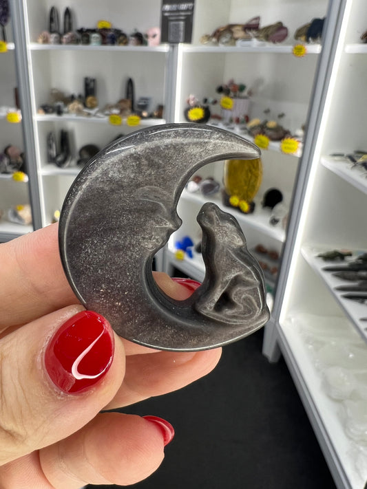 Silver Sheen Obsidian Wolf on Moon