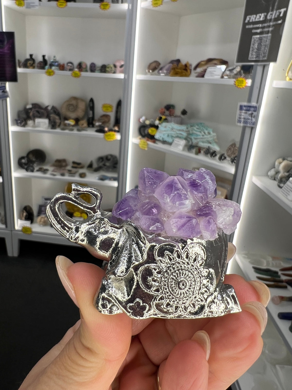 Amethyst Cluster on Silver Elephant