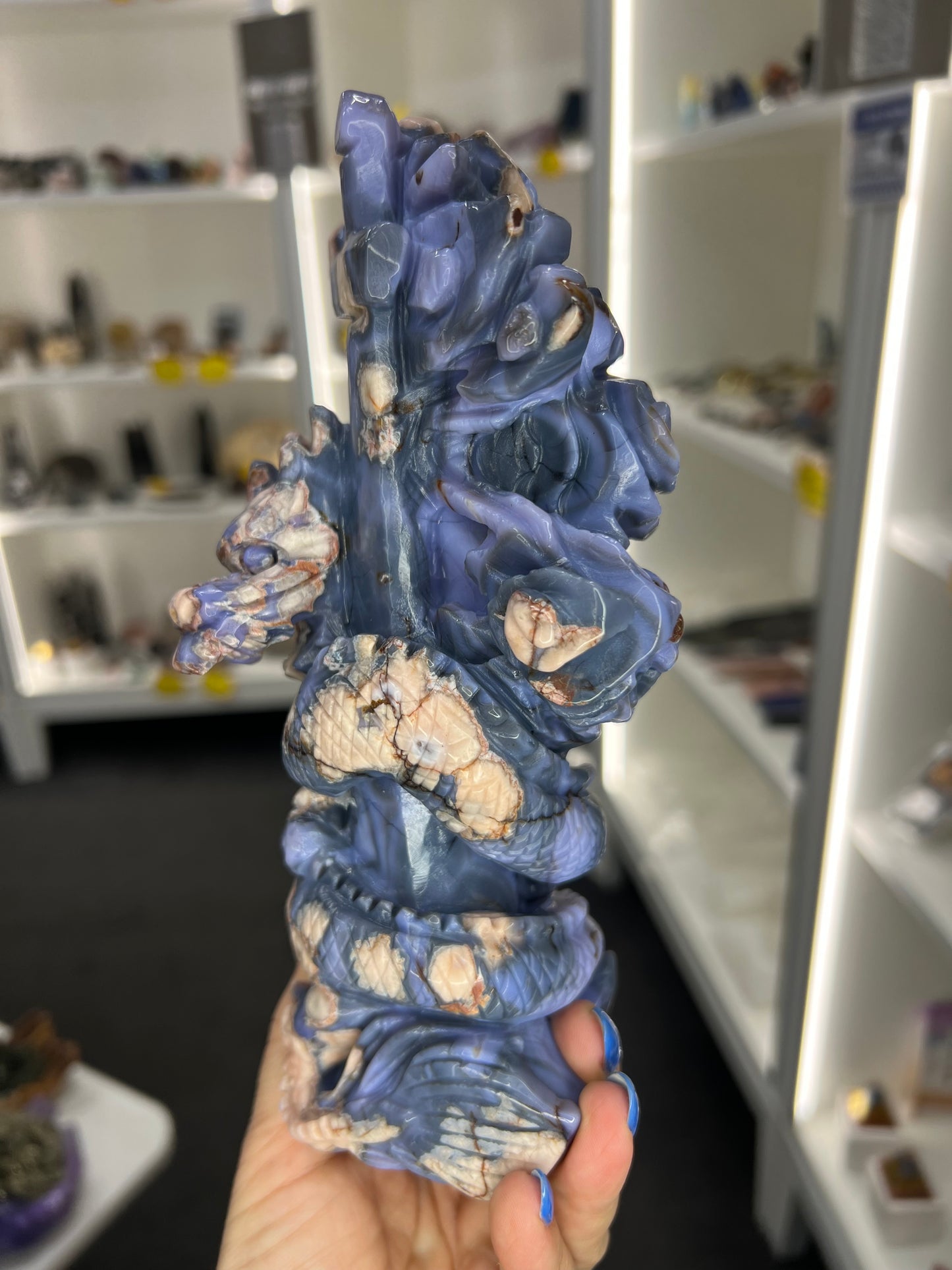 Blue Flower Agate Dragon on Sword