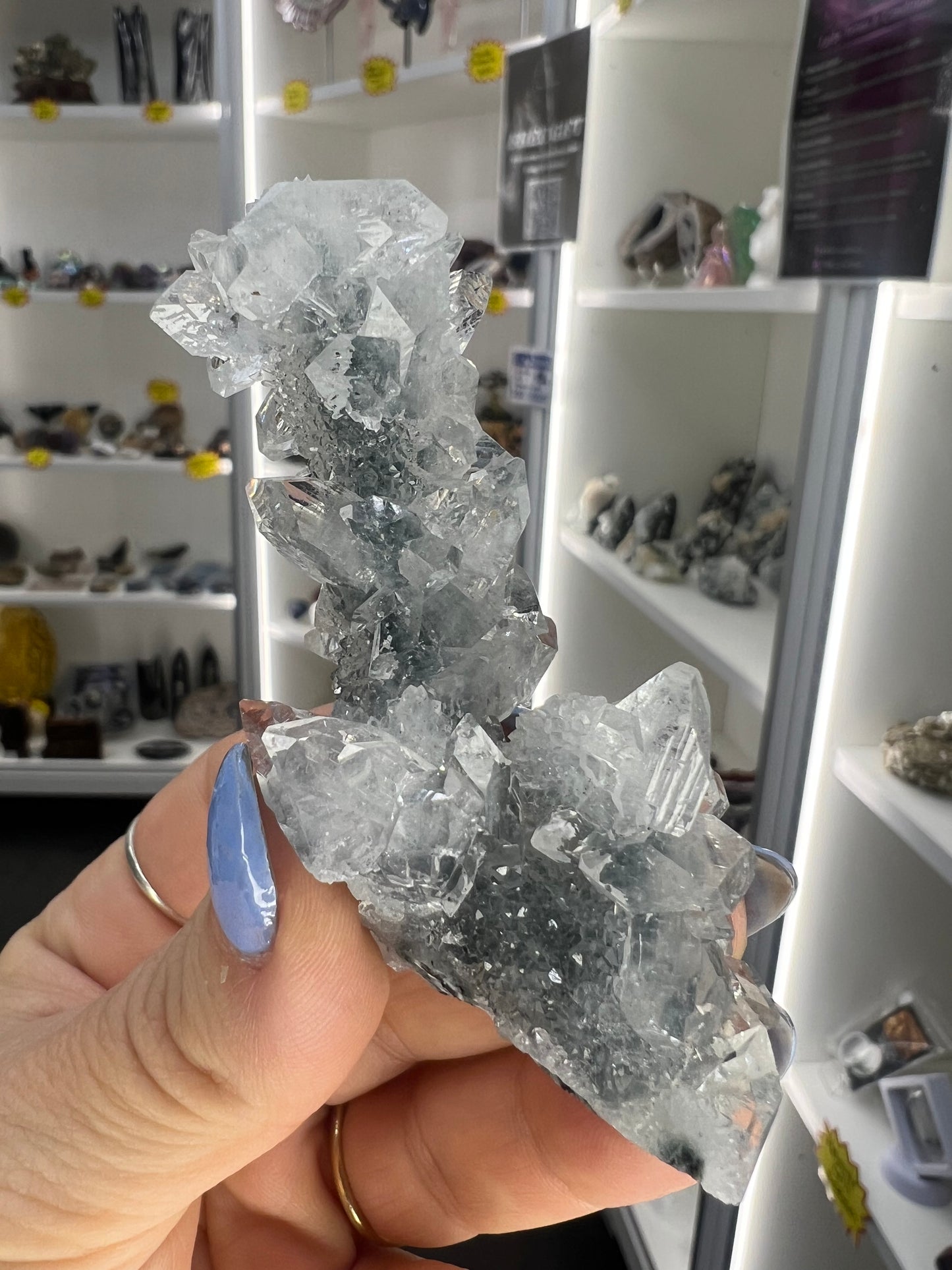 Apophyllite on Blue Chalcedony