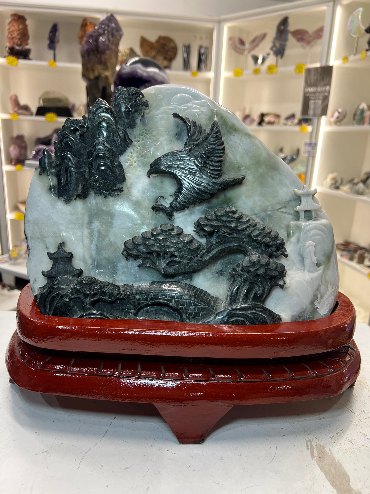 Huge Jade Landscape on Wooden Stand