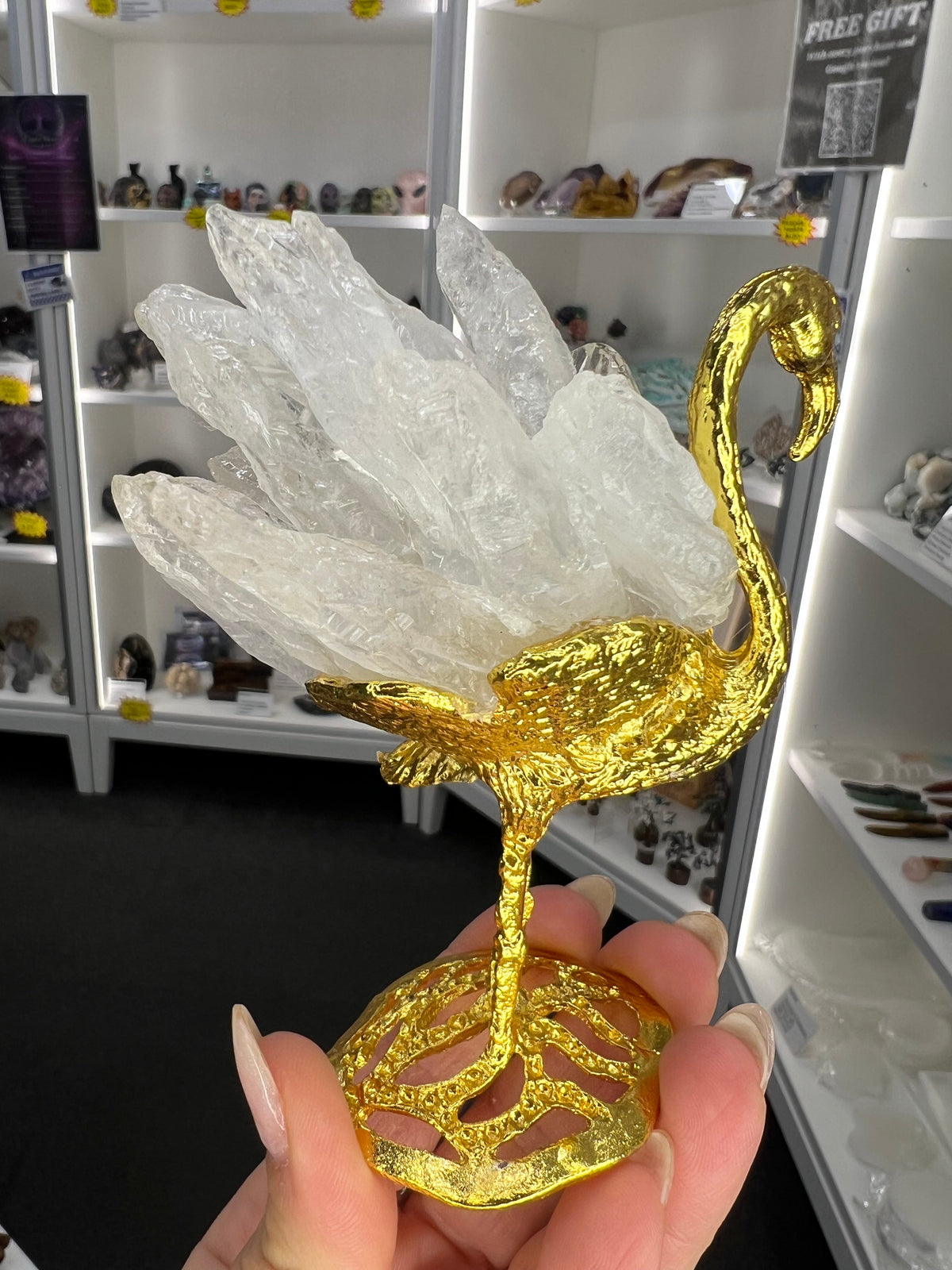 Clear Quartz Cluster on Gold Flamingo