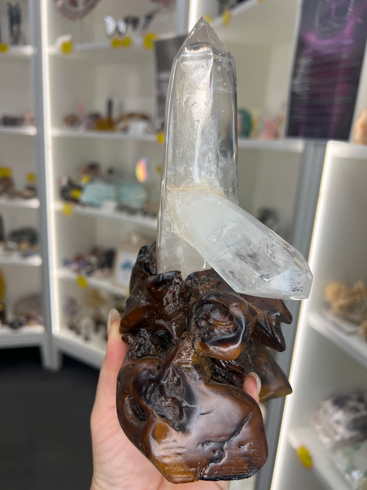 Clear Quartz Cluster Points on Wooden Stand