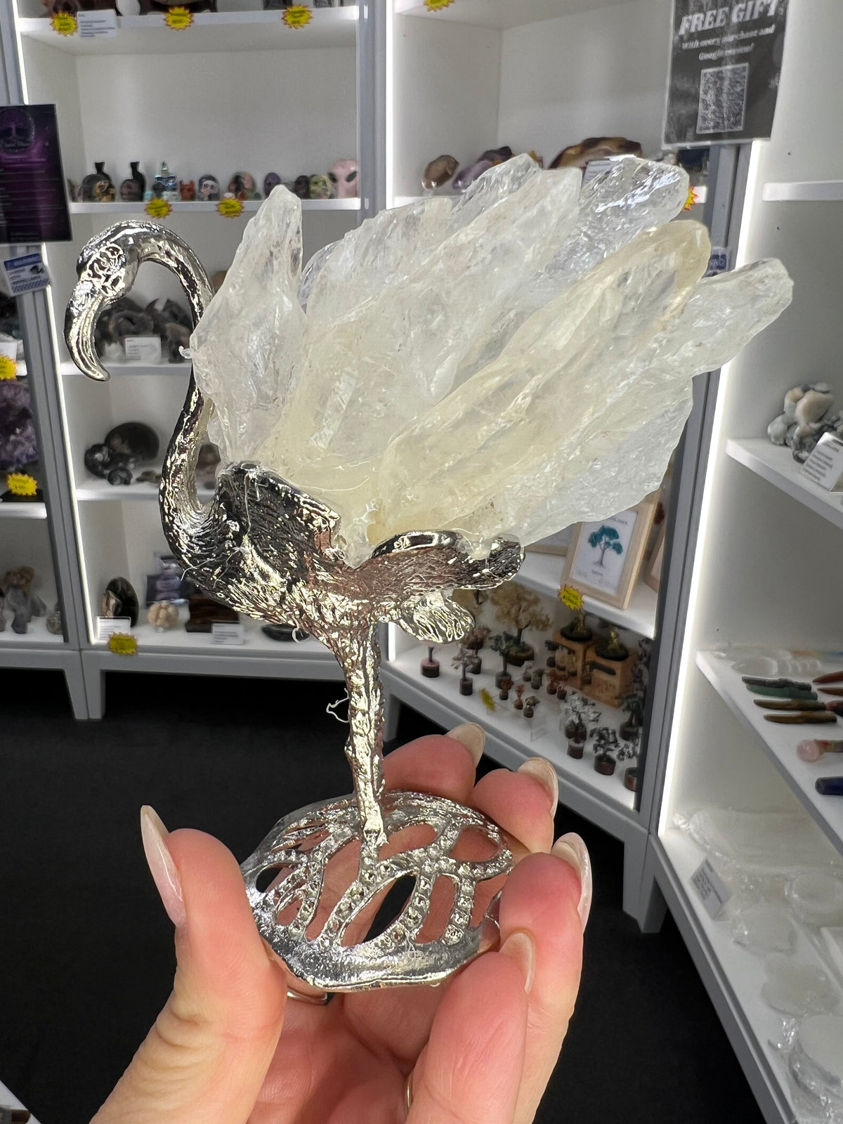 Clear Quartz Cluster on Silver Flamingo