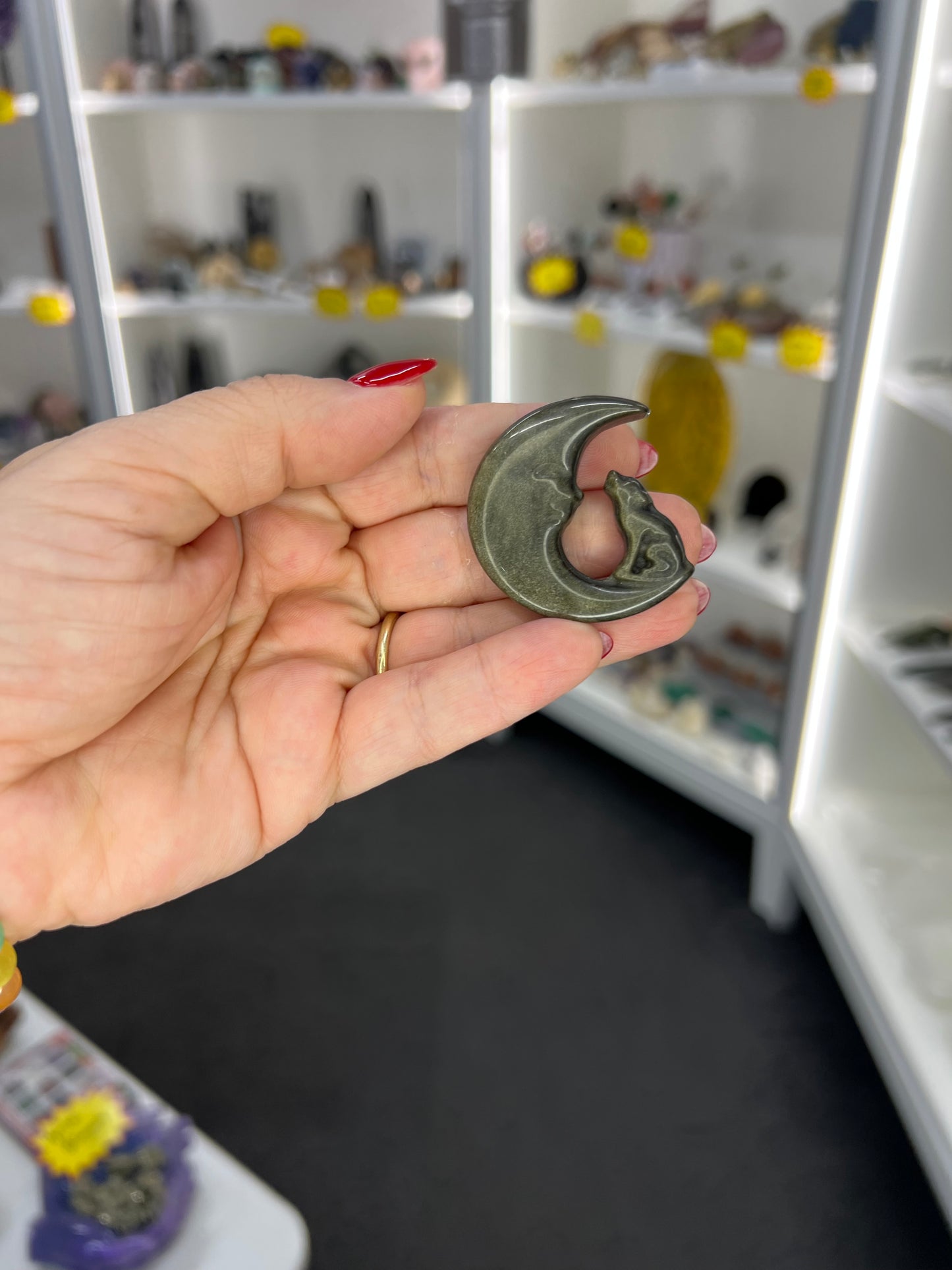 Golden Sheen Obsidian Wolf on Moon