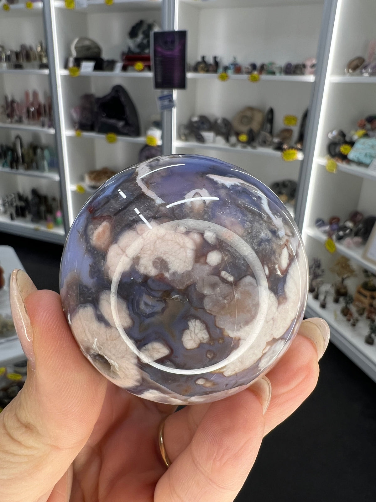 Blue Flower Agate Sphere on Stand