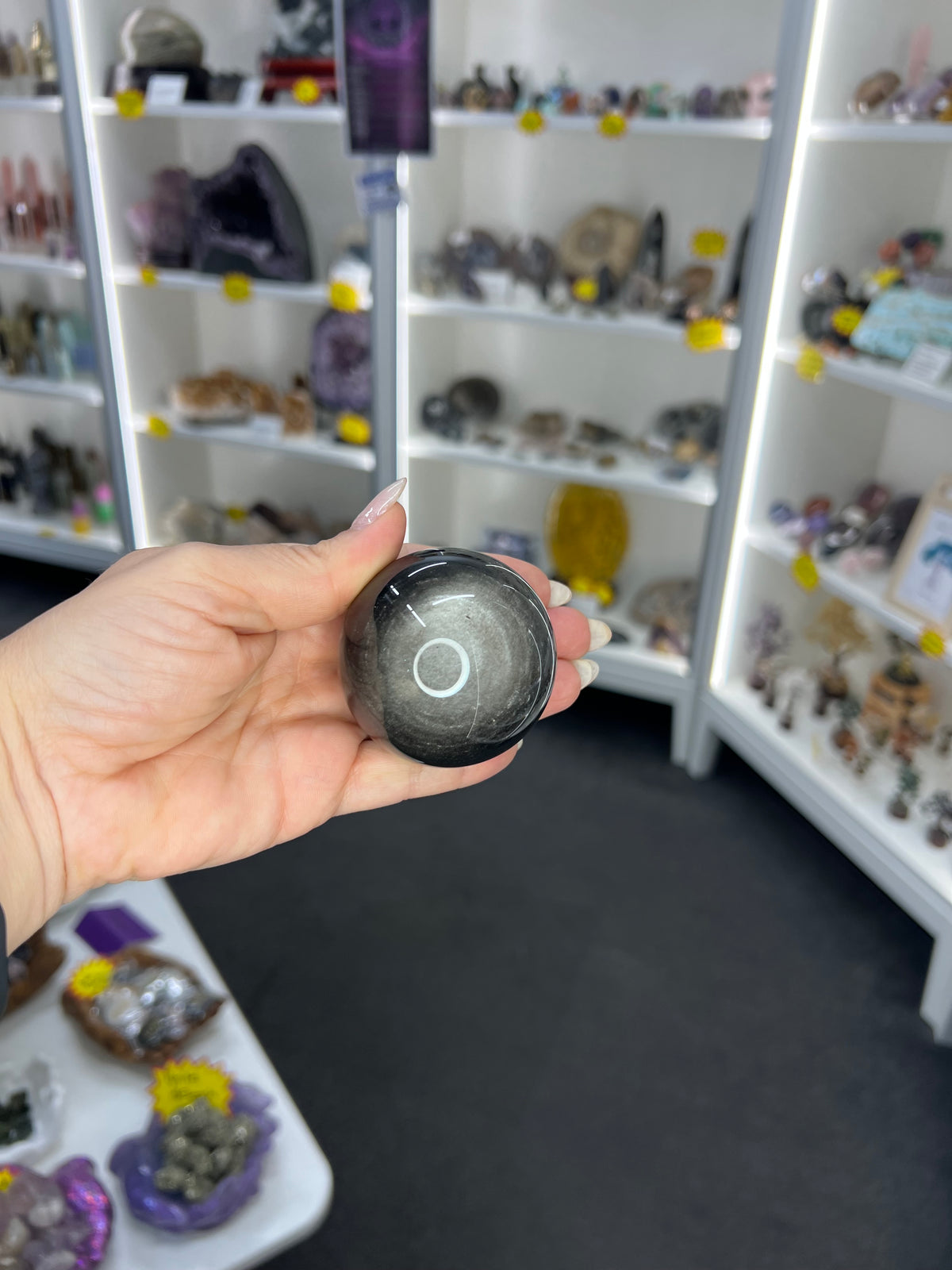 Silver Sheen Obsidian Sphere on Stand