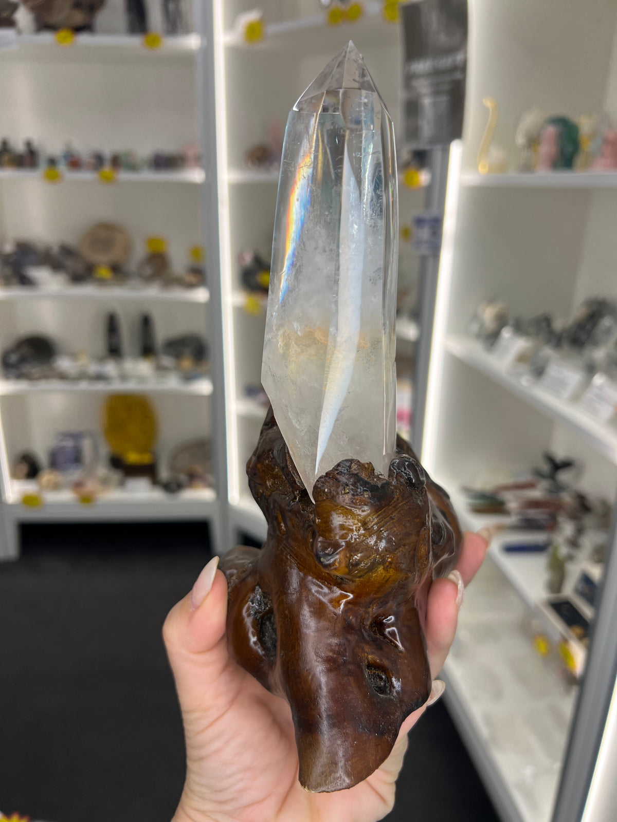 Clear Quartz Cluster Points on Wooden Stand