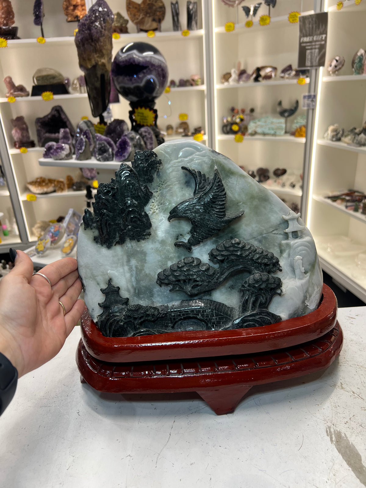 Huge Jade Landscape on Wooden Stand