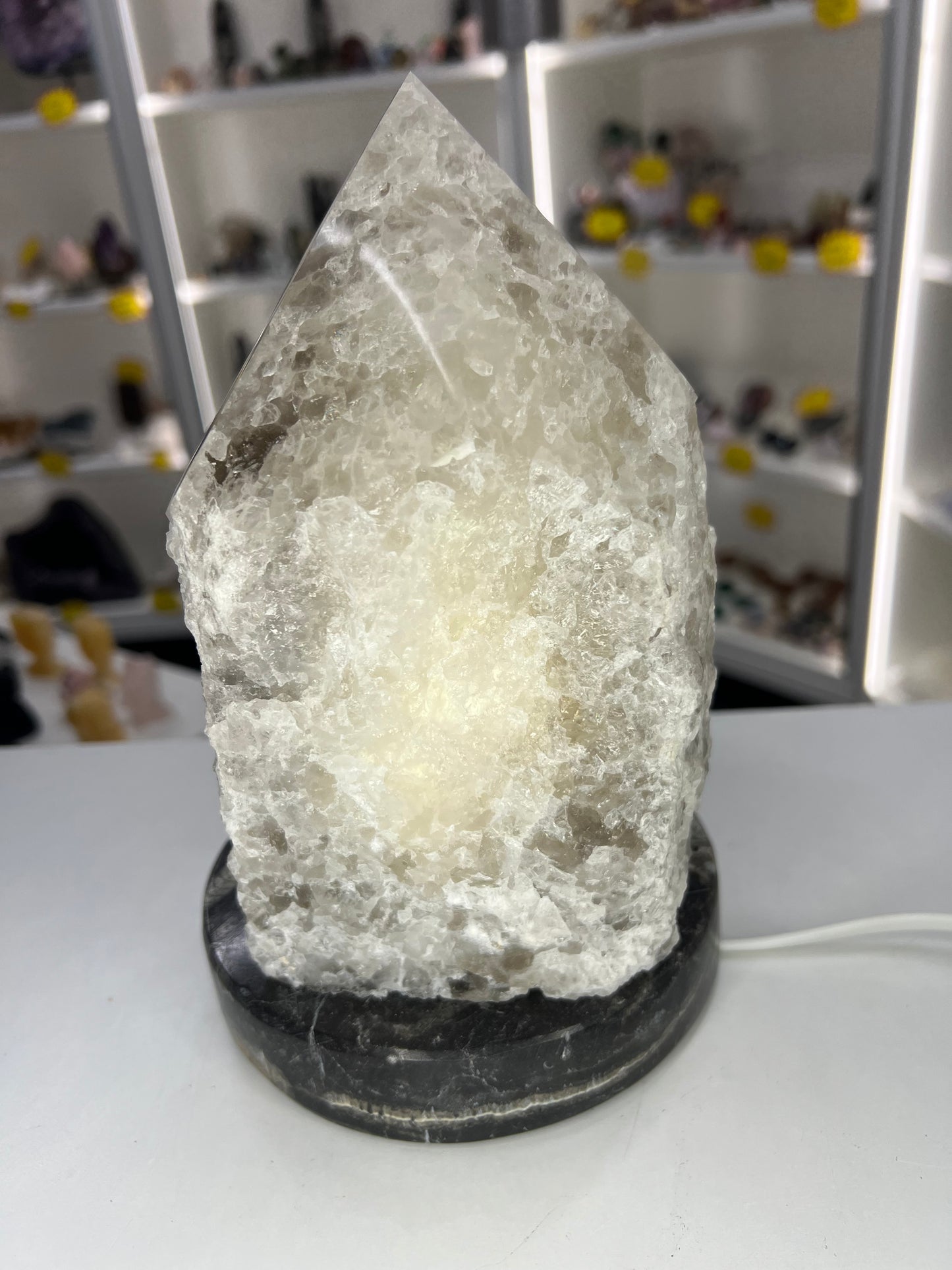 Smoky Quartz Point Lamp on Fossil Orthoceras Base