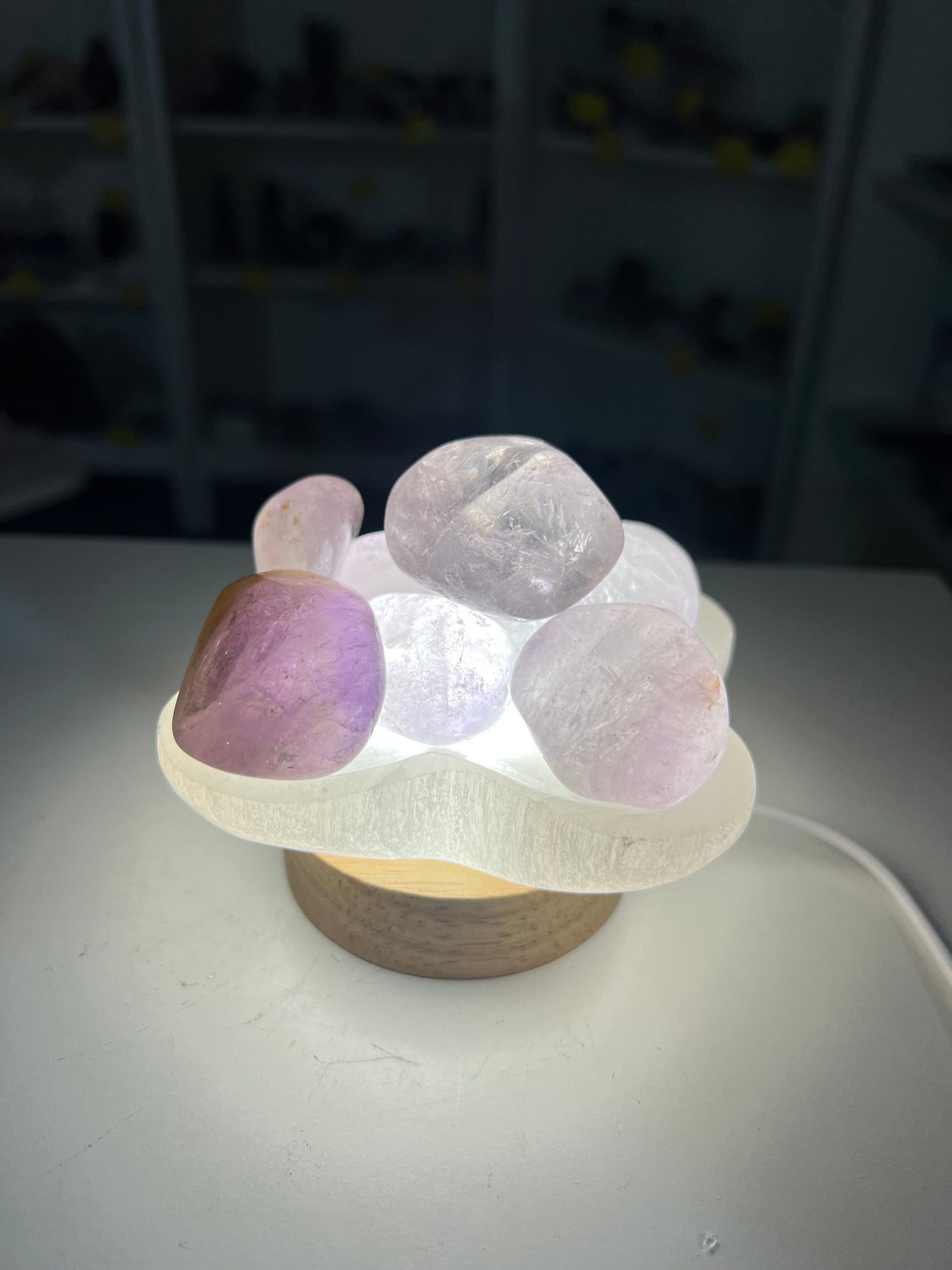 Amethyst Tumbles on Selenite Bowl Lamp