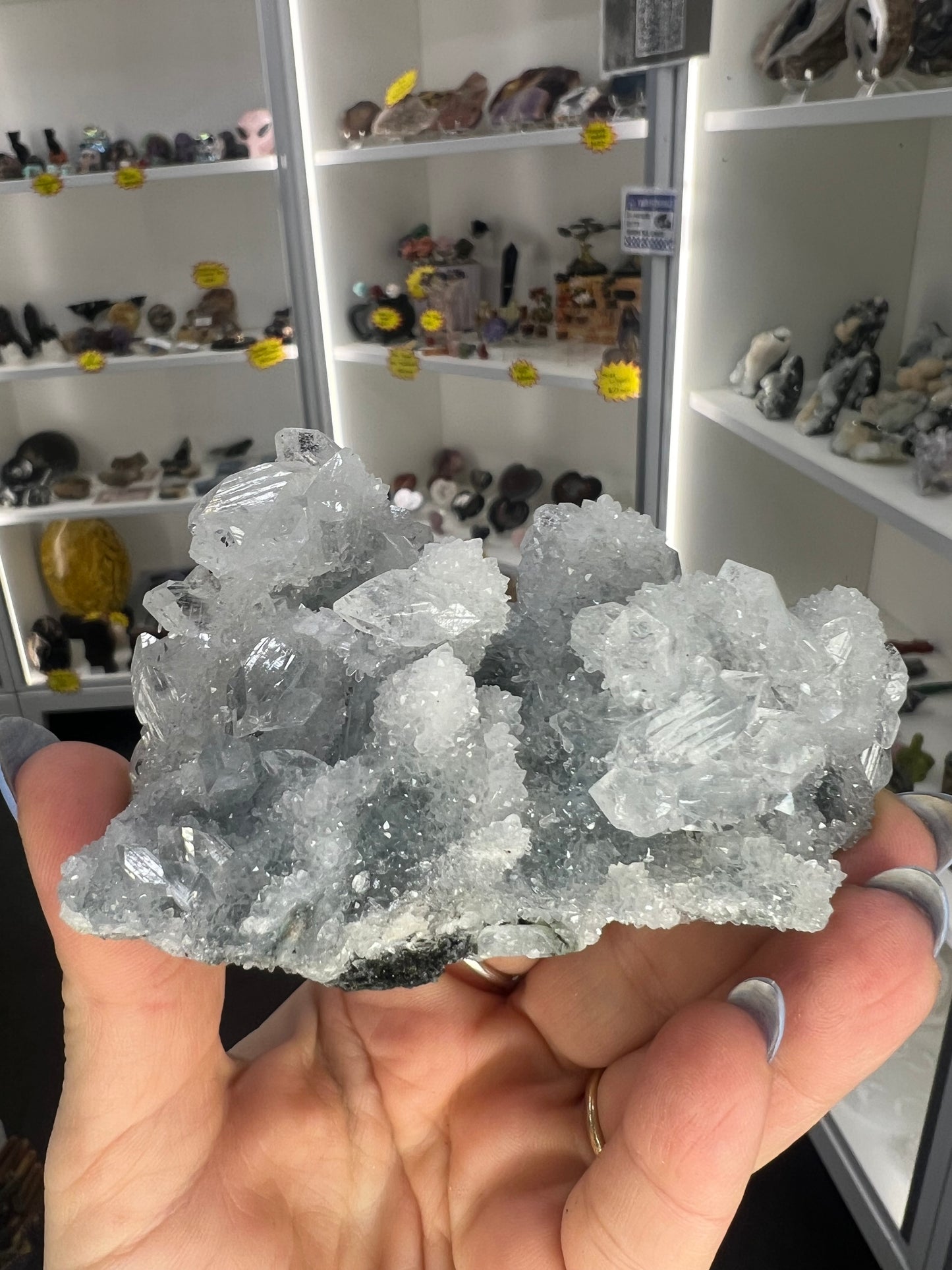 Apophyllite on Blue Chalcedony